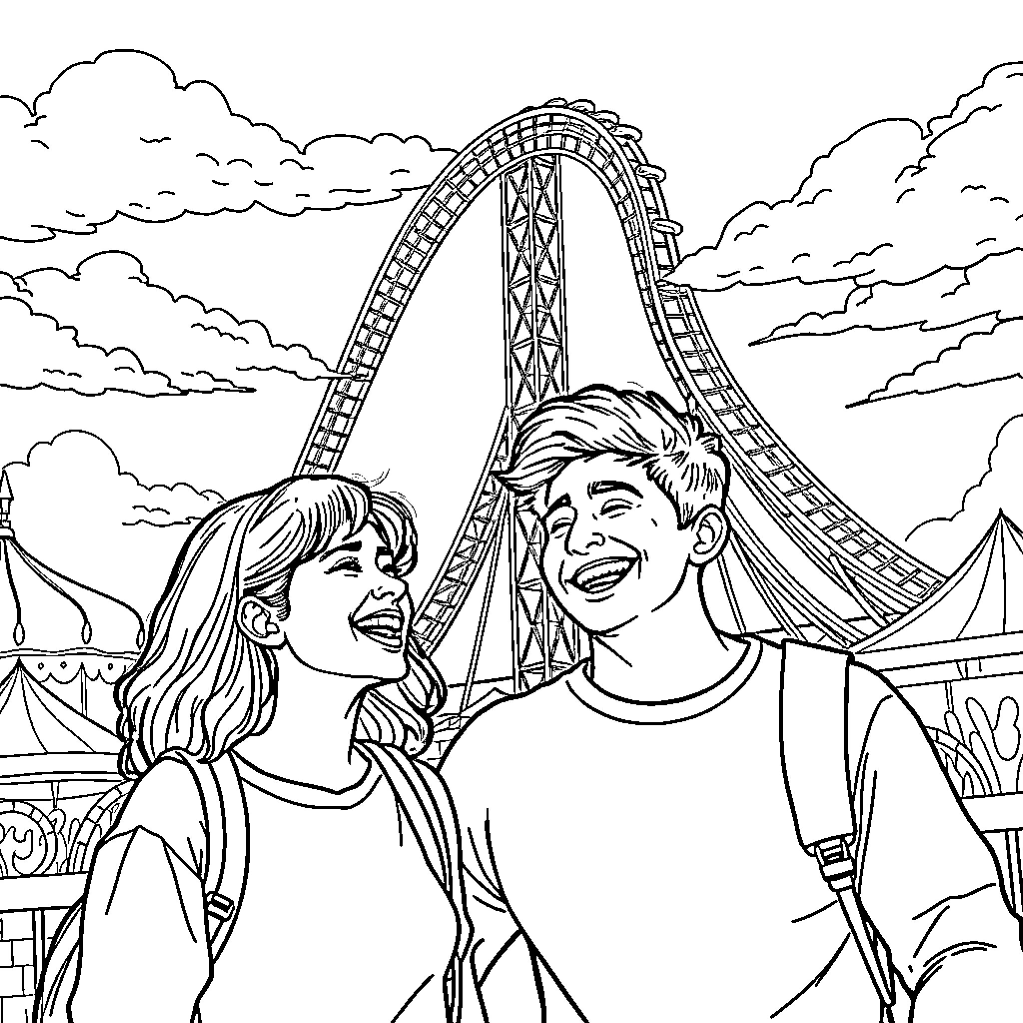 Friend's Thrilling Amusement Park Adventure Coloring Page (free black-and-white line drawing printable PDF for all, from beginners to advanced learners, including children, teens, adults, and seniors)