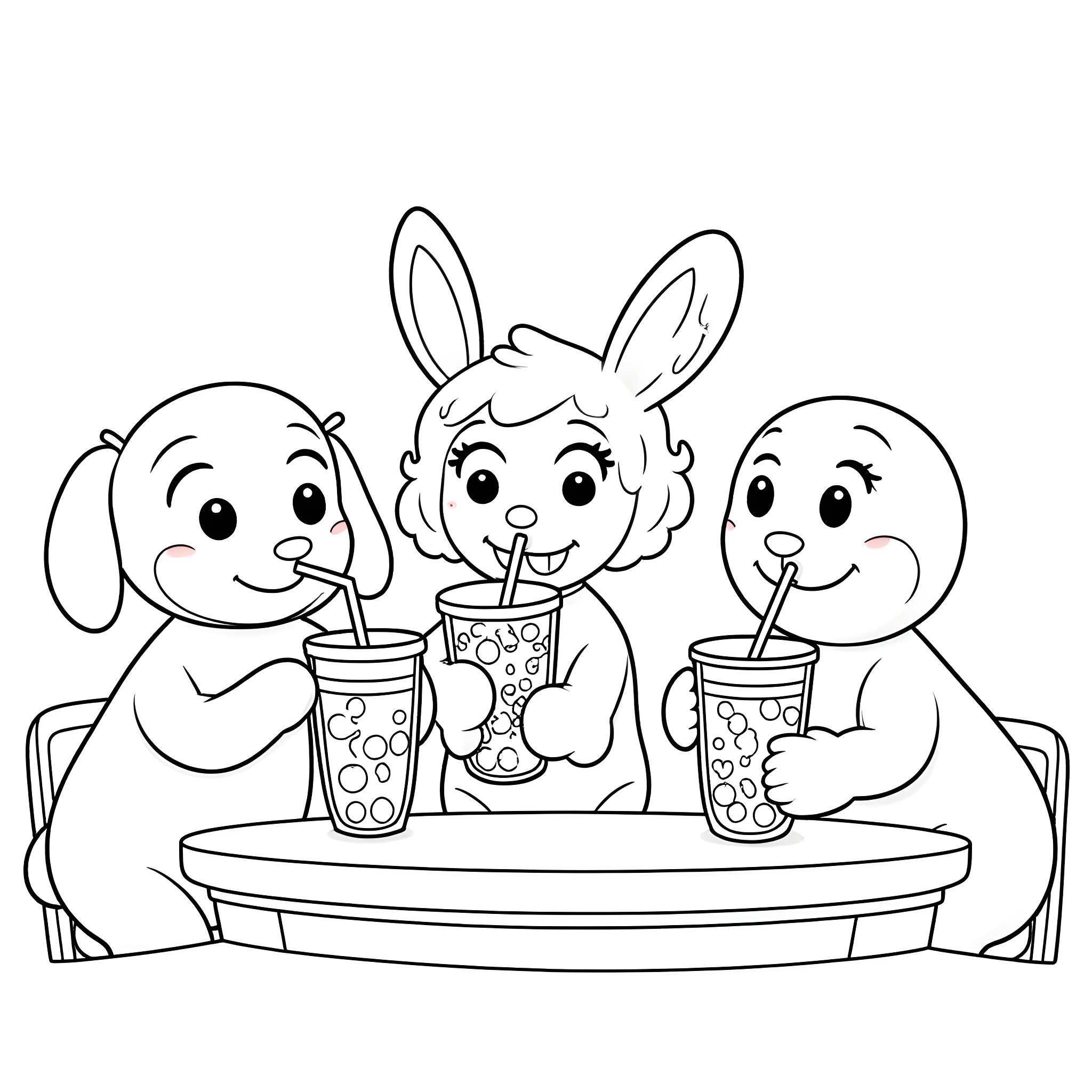 Bungle Geargo and Zippy enjoy their tasty drinks together Coloring Page (free black-and-white line drawing printable PDF for all, from beginners to advanced learners, including children, teens, adults, and seniors)