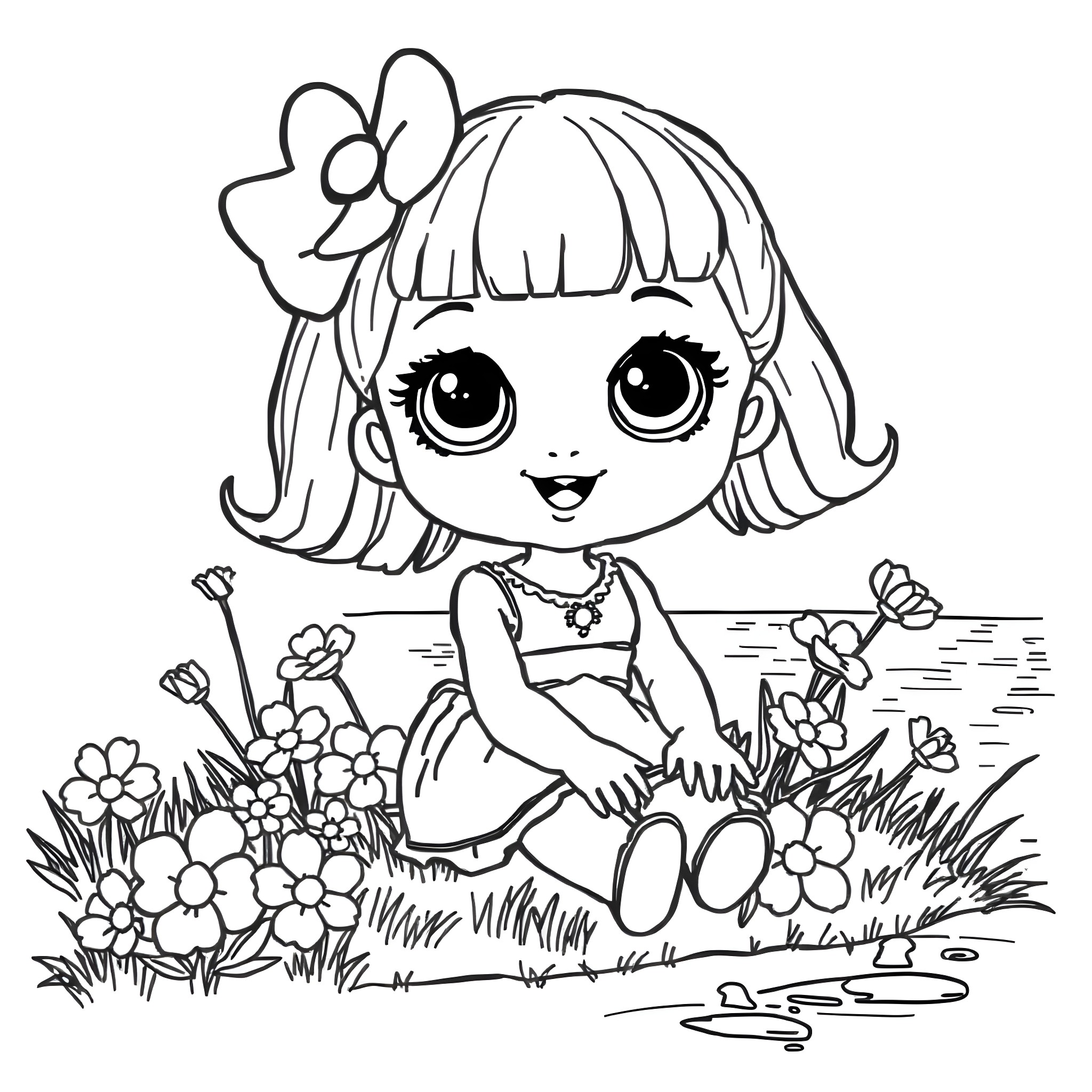 Doll playing in a flower-filled meadow Coloring Page (free black-and-white line drawing printable PDF for all, from beginners to advanced learners, including children, teens, adults, and seniors)