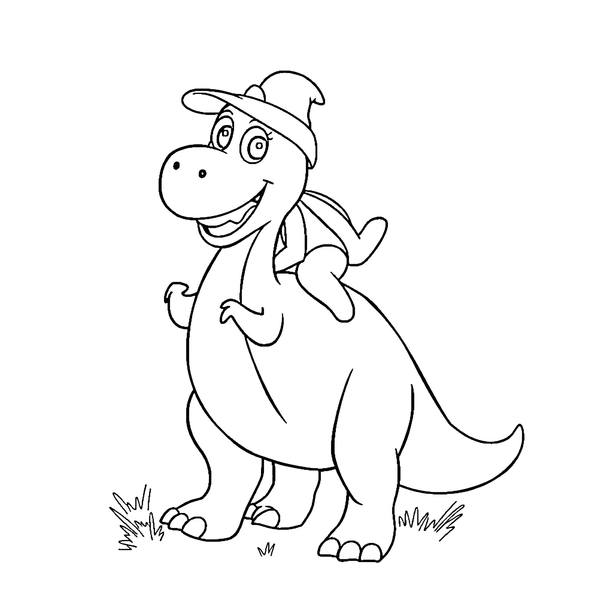 Barney the Friendly Dinosaur in Playful Pose Coloring Page (free black-and-white line drawing printable PDF for all, from beginners to advanced learners, including children, teens, adults, and seniors)