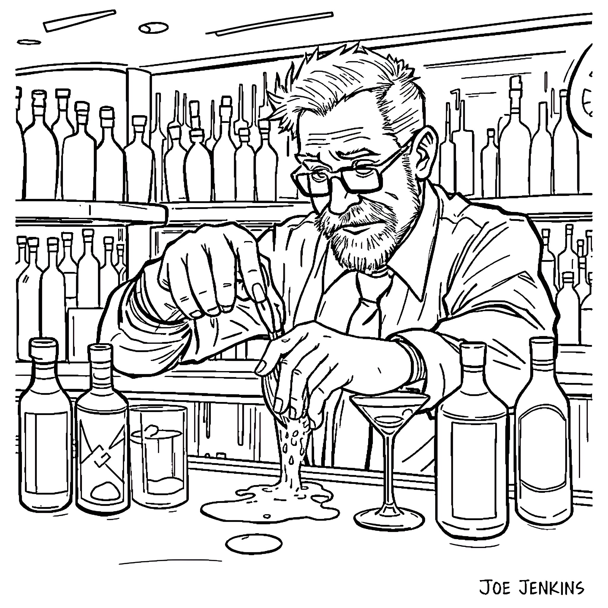 Bartender mixing a cocktail behind the bar Coloring Page (free black-and-white line drawing printable PDF for all, from beginners to advanced learners, including children, teens, adults, and seniors)