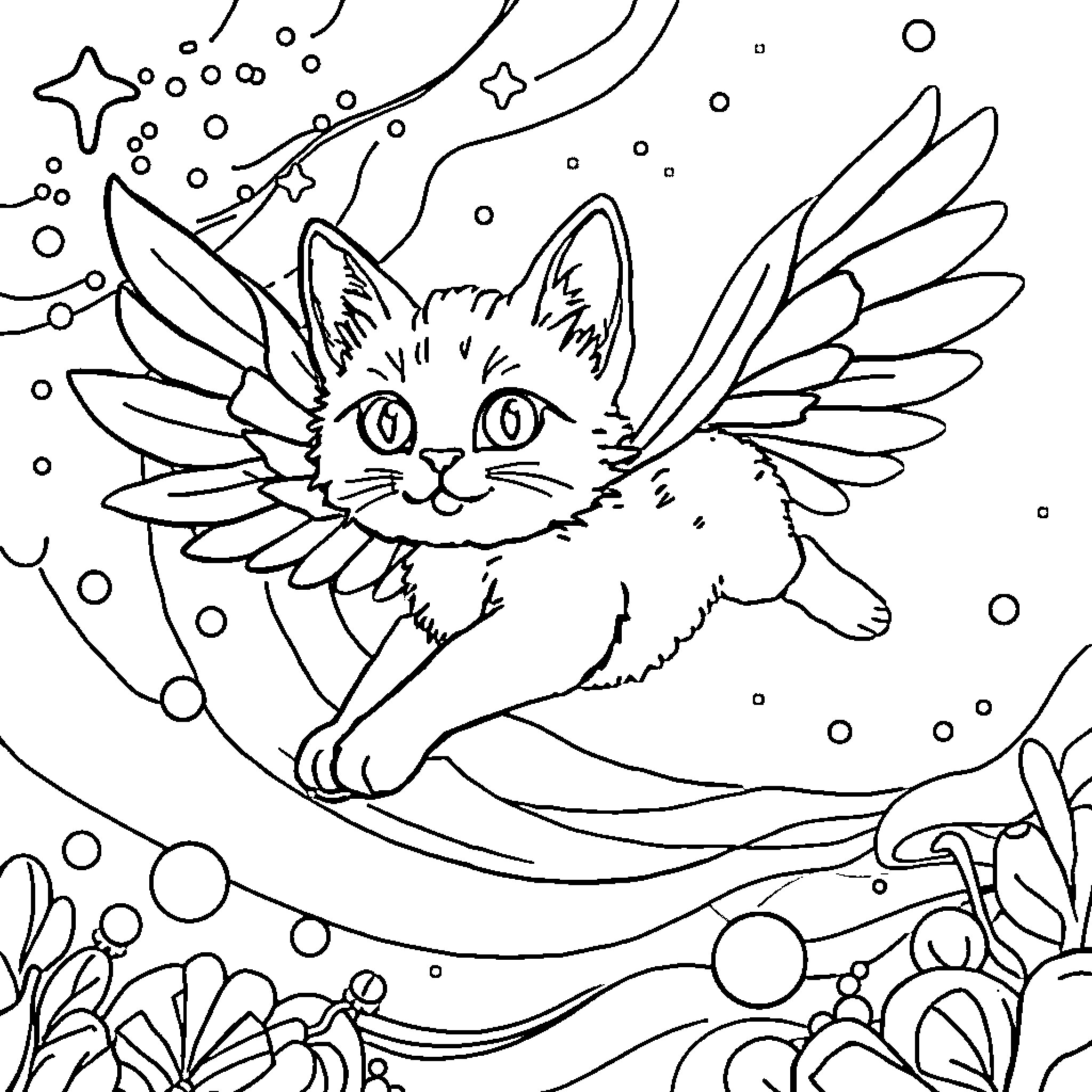 Winged Cat soaring through a magical landscape Coloring Page (free black-and-white line drawing printable PDF for all, from beginners to advanced learners, including children, teens, adults, and seniors)