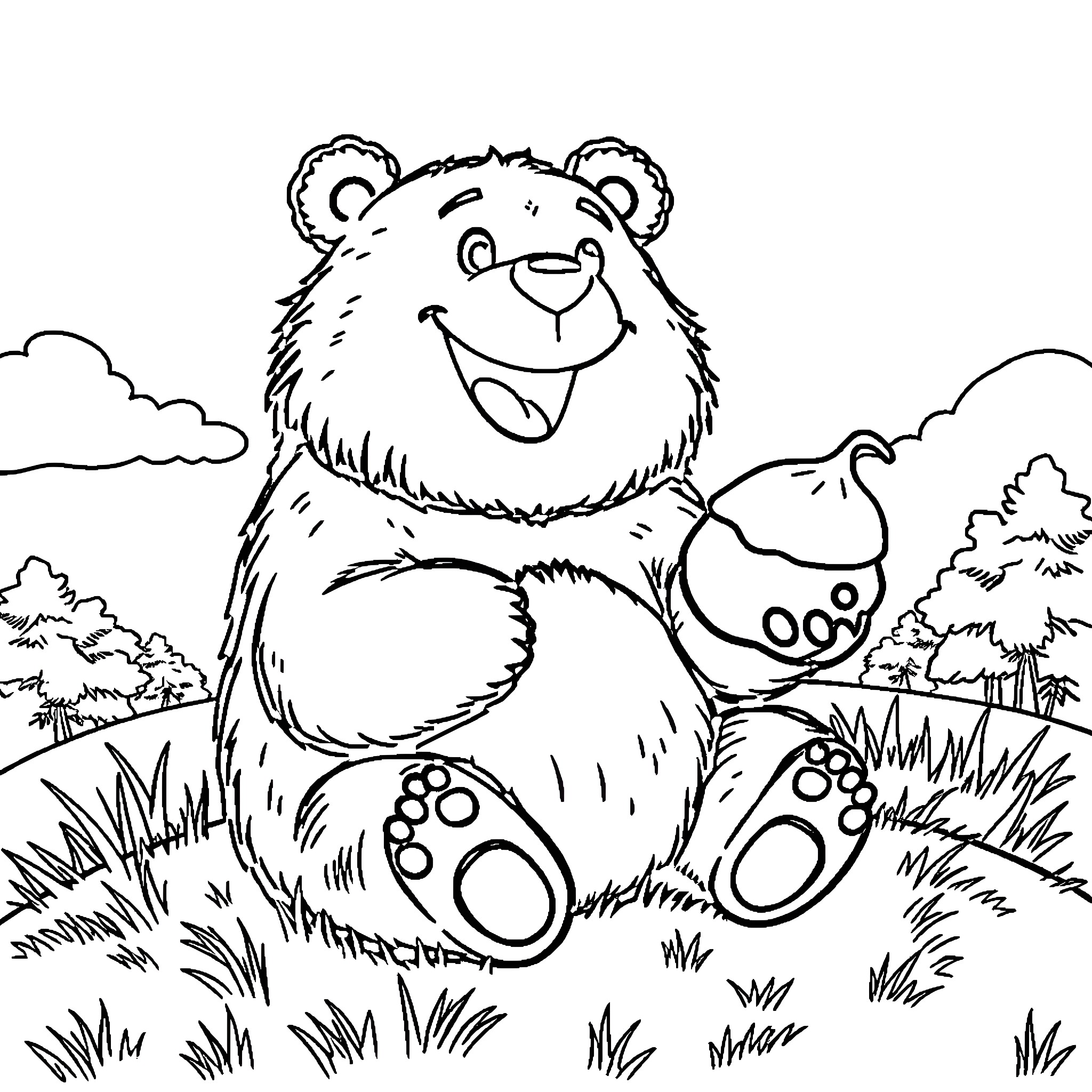 Bear joyfully sitting in nature Coloring Page (free black-and-white line drawing printable PDF for all, from beginners to advanced learners, including children, teens, adults, and seniors)