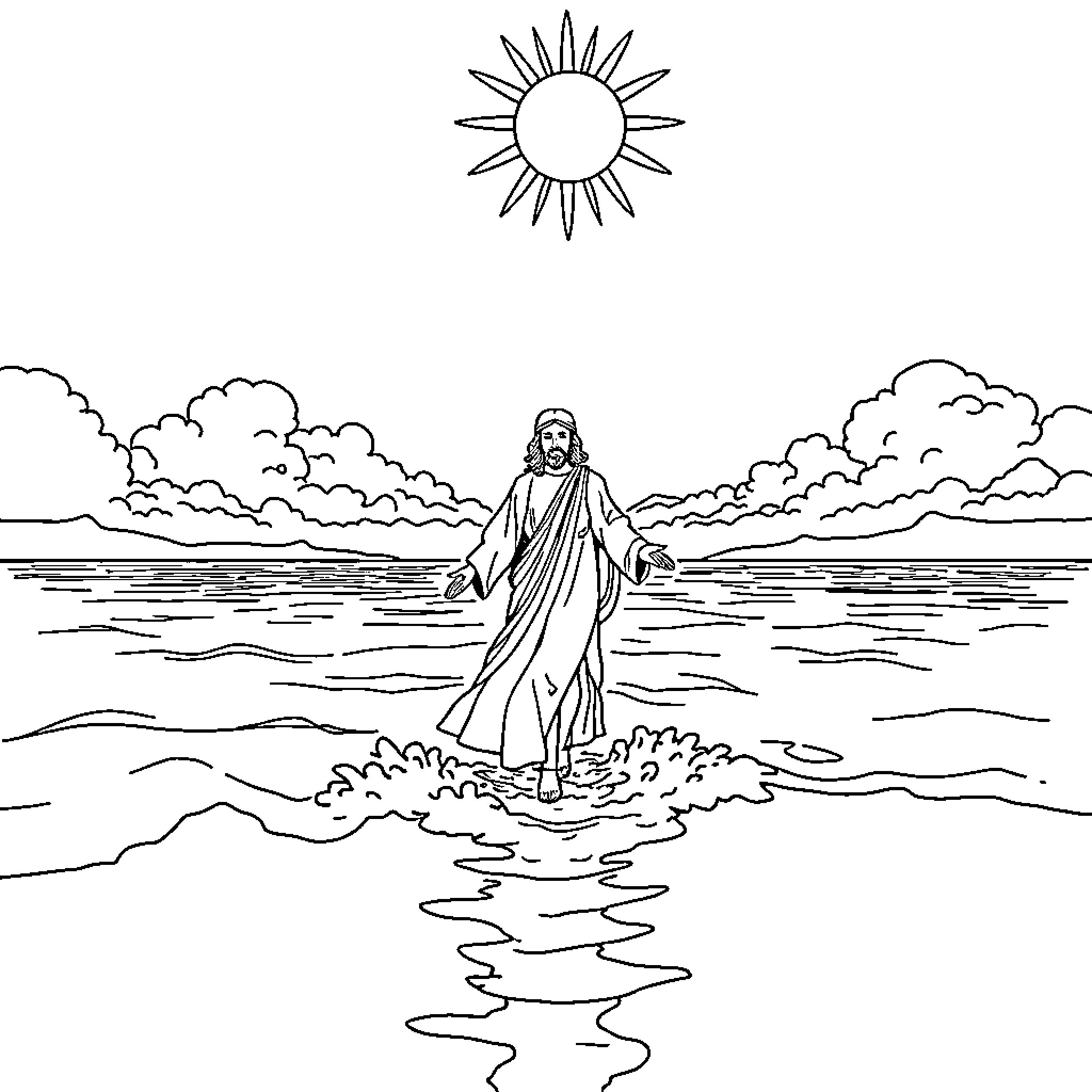 Jesus walking on the waters towards the sun Coloring Page (free black-and-white line drawing printable PDF for all, from beginners to advanced learners, including children, teens, adults, and seniors)