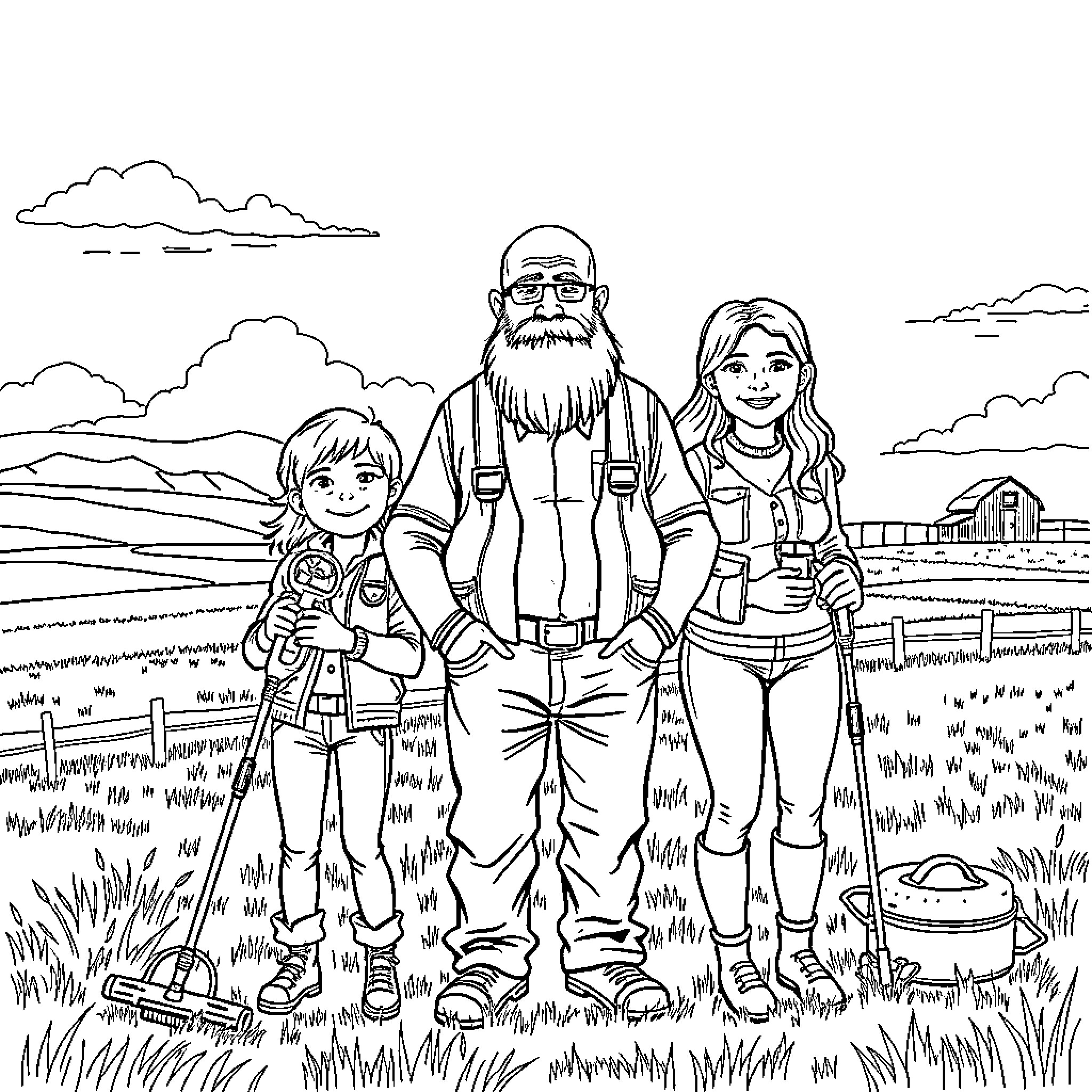 Man and children exploring the countryside Coloring Page (free black-and-white line drawing printable PDF for all, from beginners to advanced learners, including children, teens, adults, and seniors)