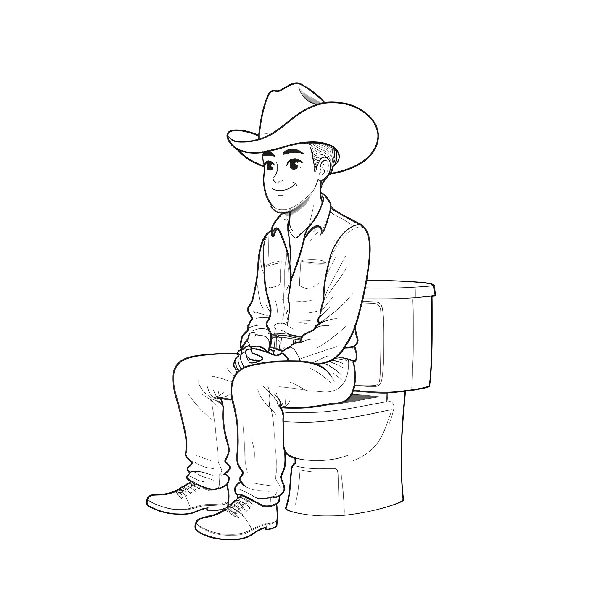 Cowboy sitting on a toilet Coloring Page (free black-and-white line drawing printable PDF for all, from beginners to advanced learners, including children, teens, adults, and seniors)