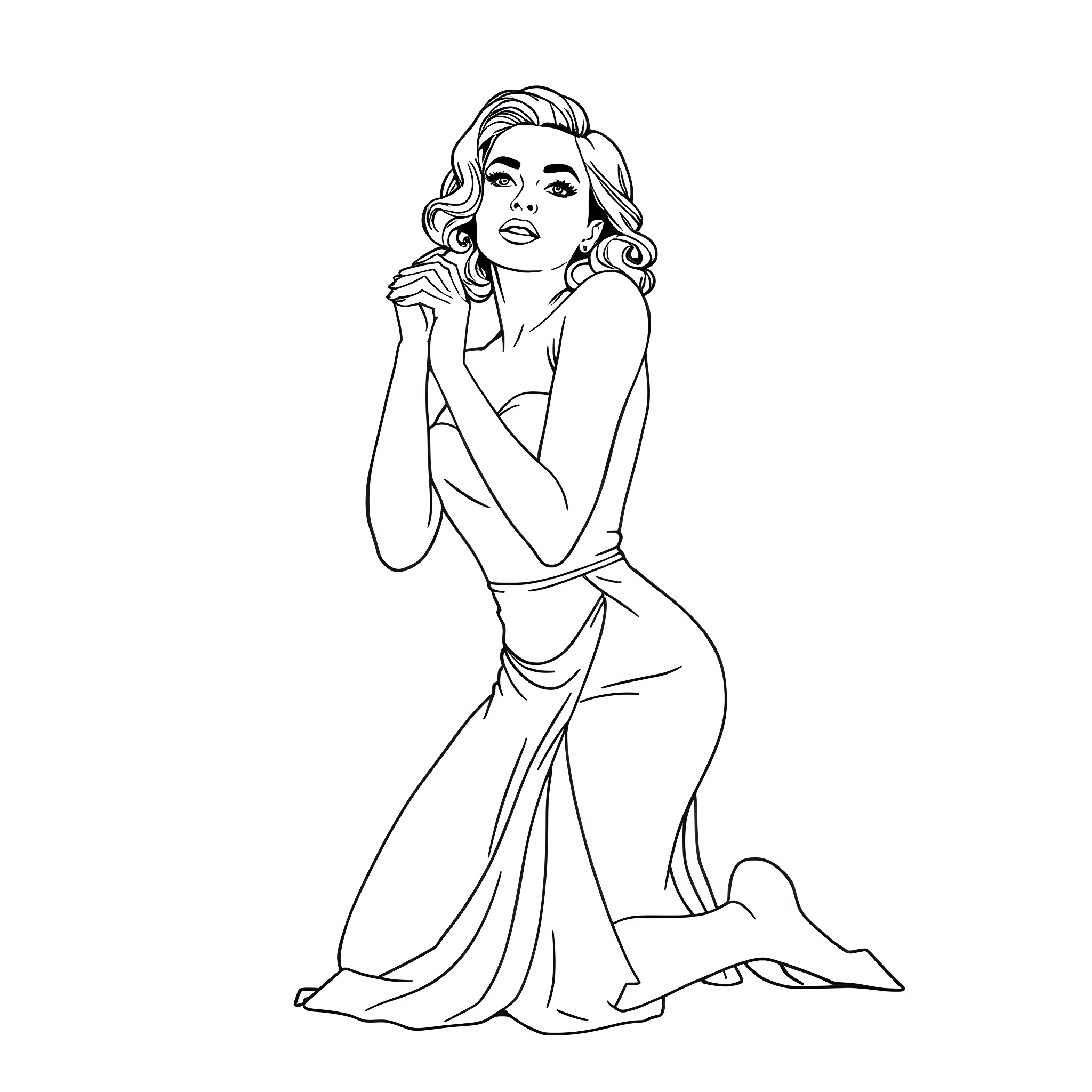 Actress in elegant dress posing thoughtfully Coloring Page (free black-and-white line drawing printable PDF for all, from beginners to advanced learners, including children, teens, adults, and seniors)