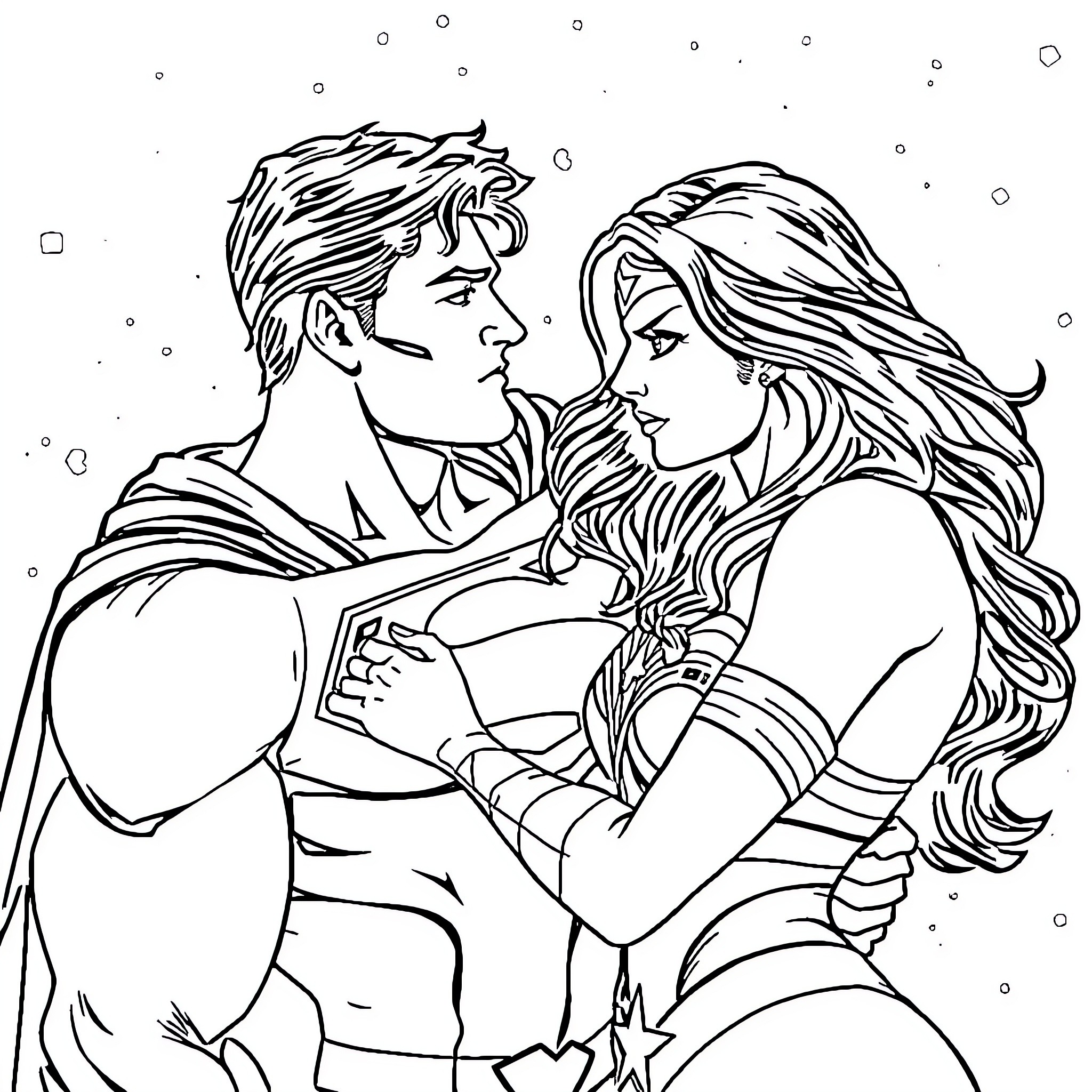 Superman's romantic embrace with a heroic companion Coloring Page (free black-and-white line drawing printable PDF for all, from beginners to advanced learners, including children, teens, adults, and seniors)