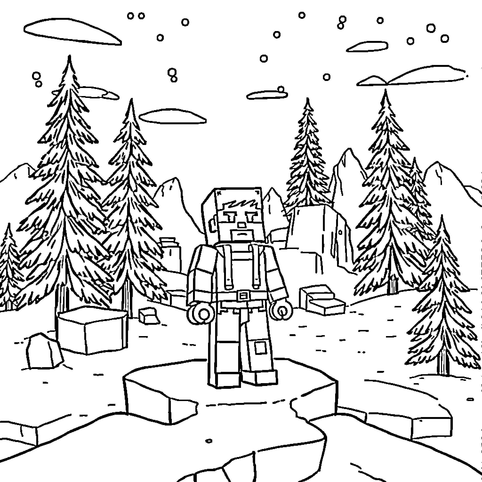 Steve's Winter Adventure in the Snowy Wilderness Coloring Page (free black-and-white line drawing printable PDF for all, from beginners to advanced learners, including children, teens, adults, and seniors)