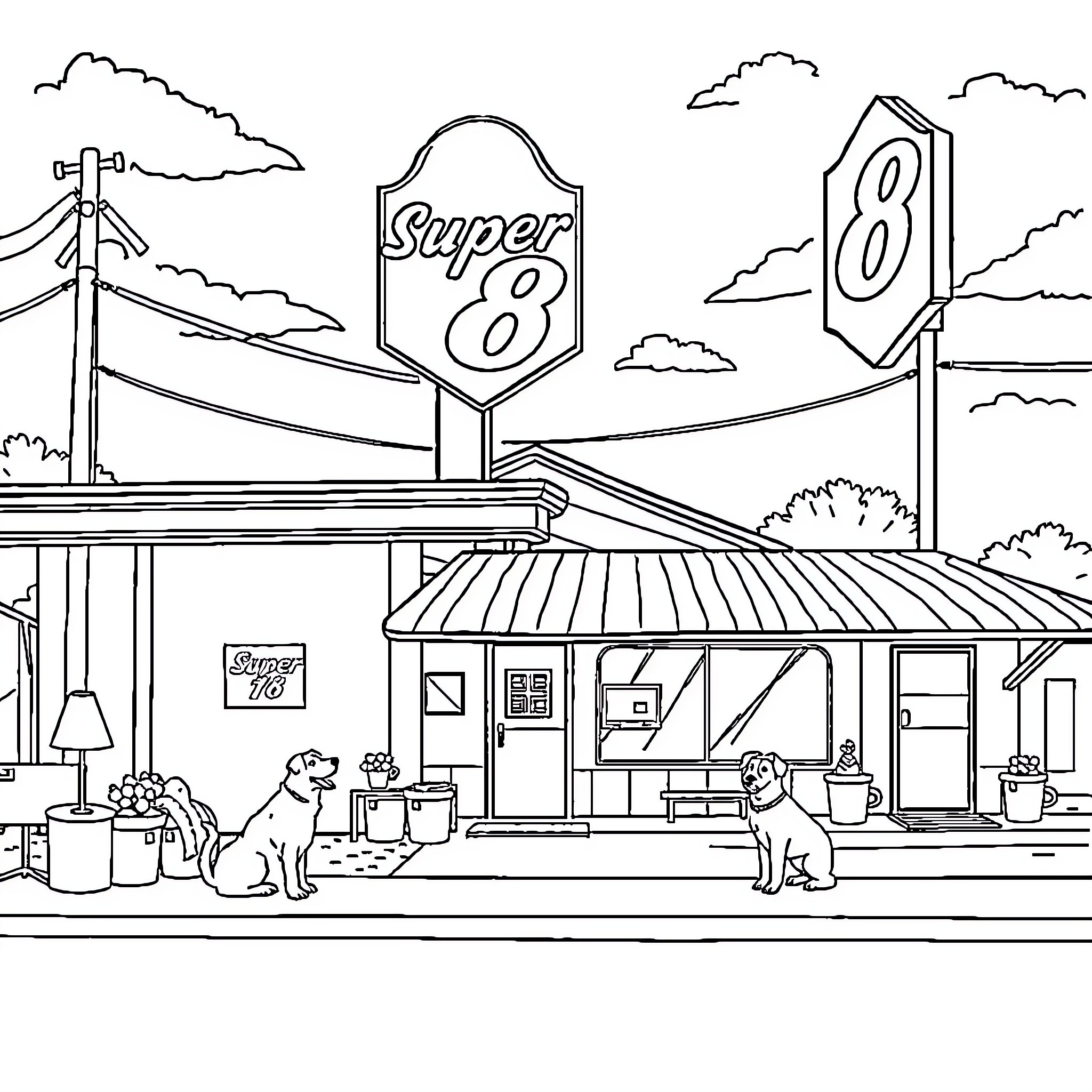 Hotel with dogs outside on a highway Coloring Page (free black-and-white line drawing printable PDF for all, from beginners to advanced learners, including children, teens, adults, and seniors)