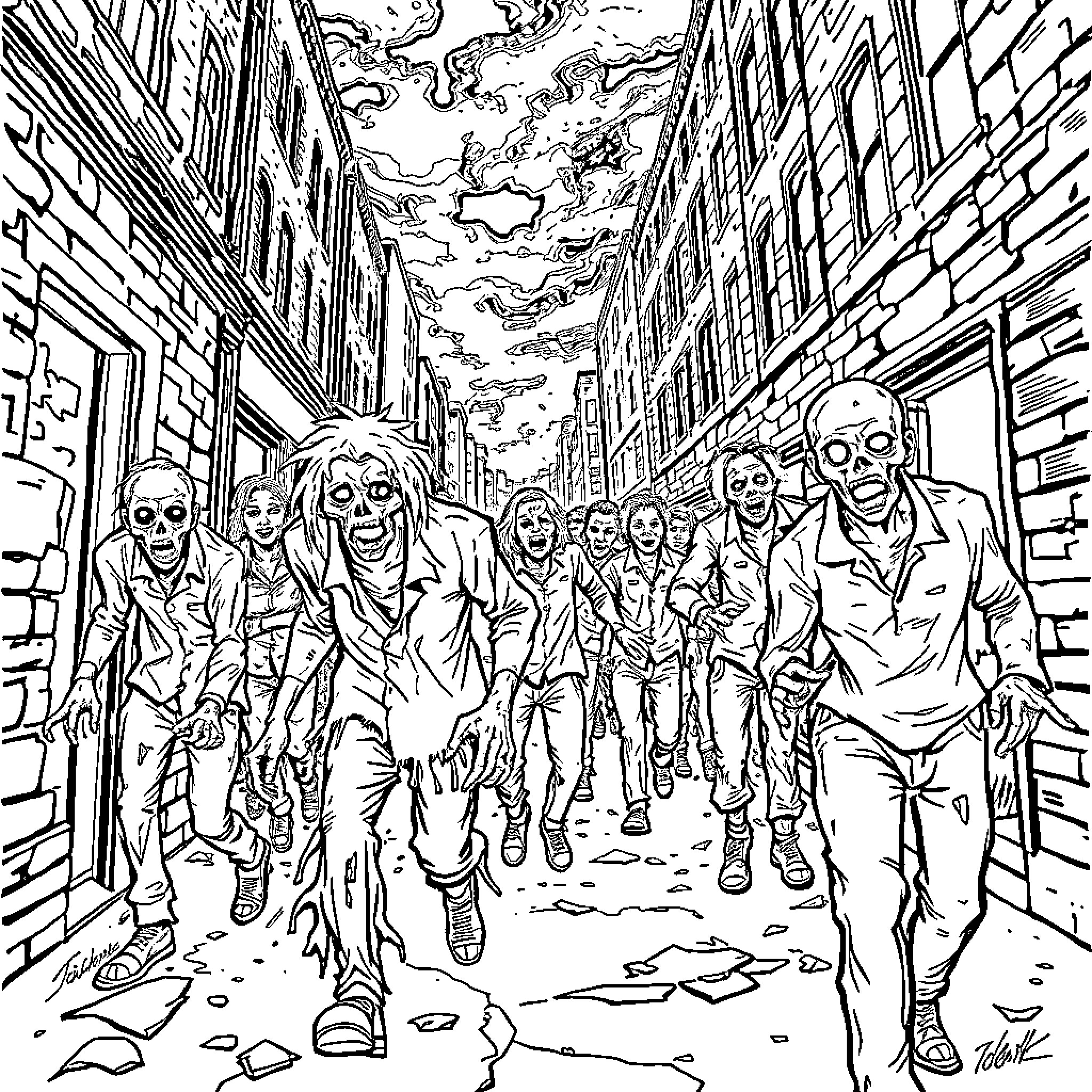 Zombie Horde Marching Through the Abandoned City Coloring Page (free black-and-white line drawing printable PDF for all, from beginners to advanced learners, including children, teens, adults, and seniors)