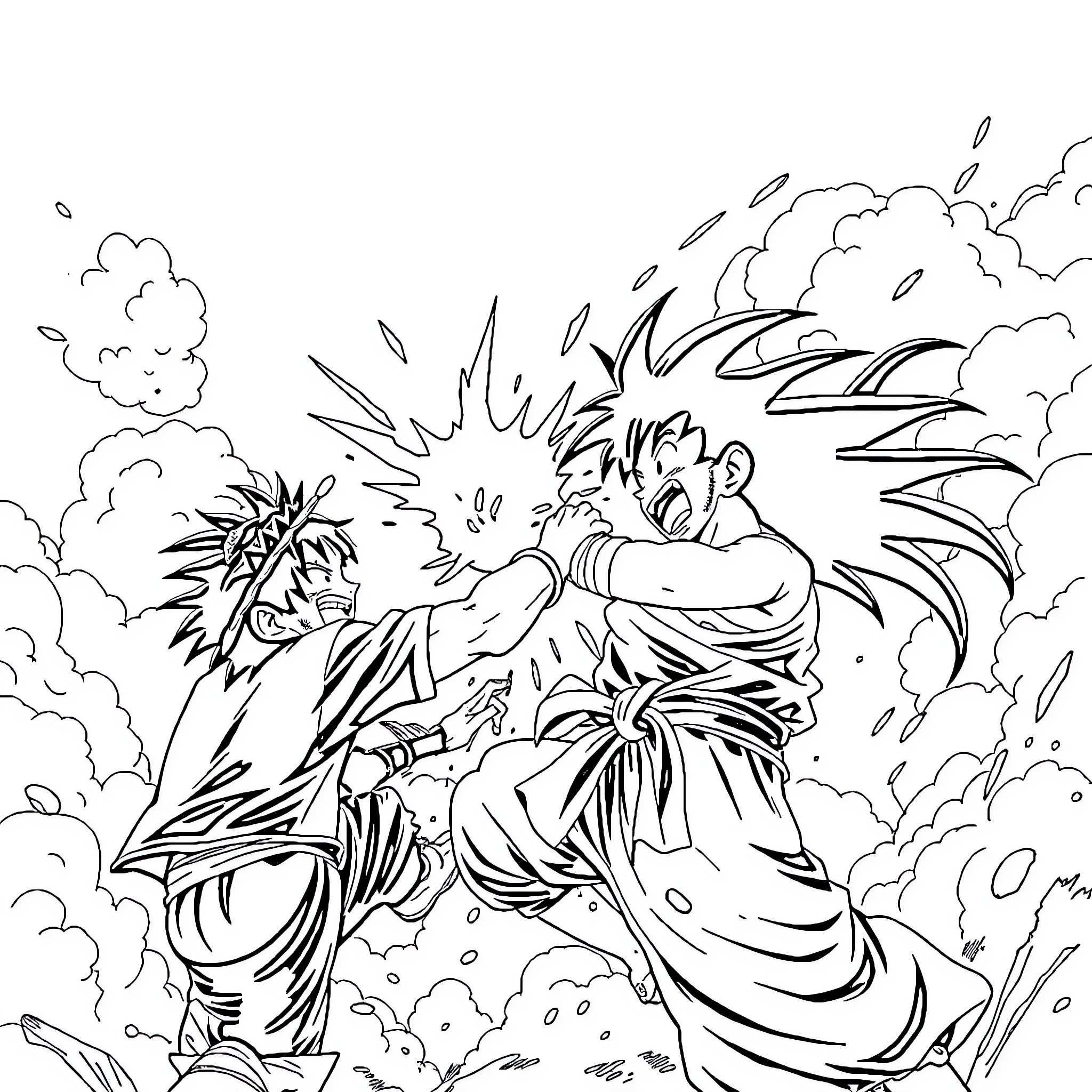 Luffy's Intense Battle in the Stormy Skies Coloring Page (free black-and-white line drawing printable PDF for all, from beginners to advanced learners, including children, teens, adults, and seniors)