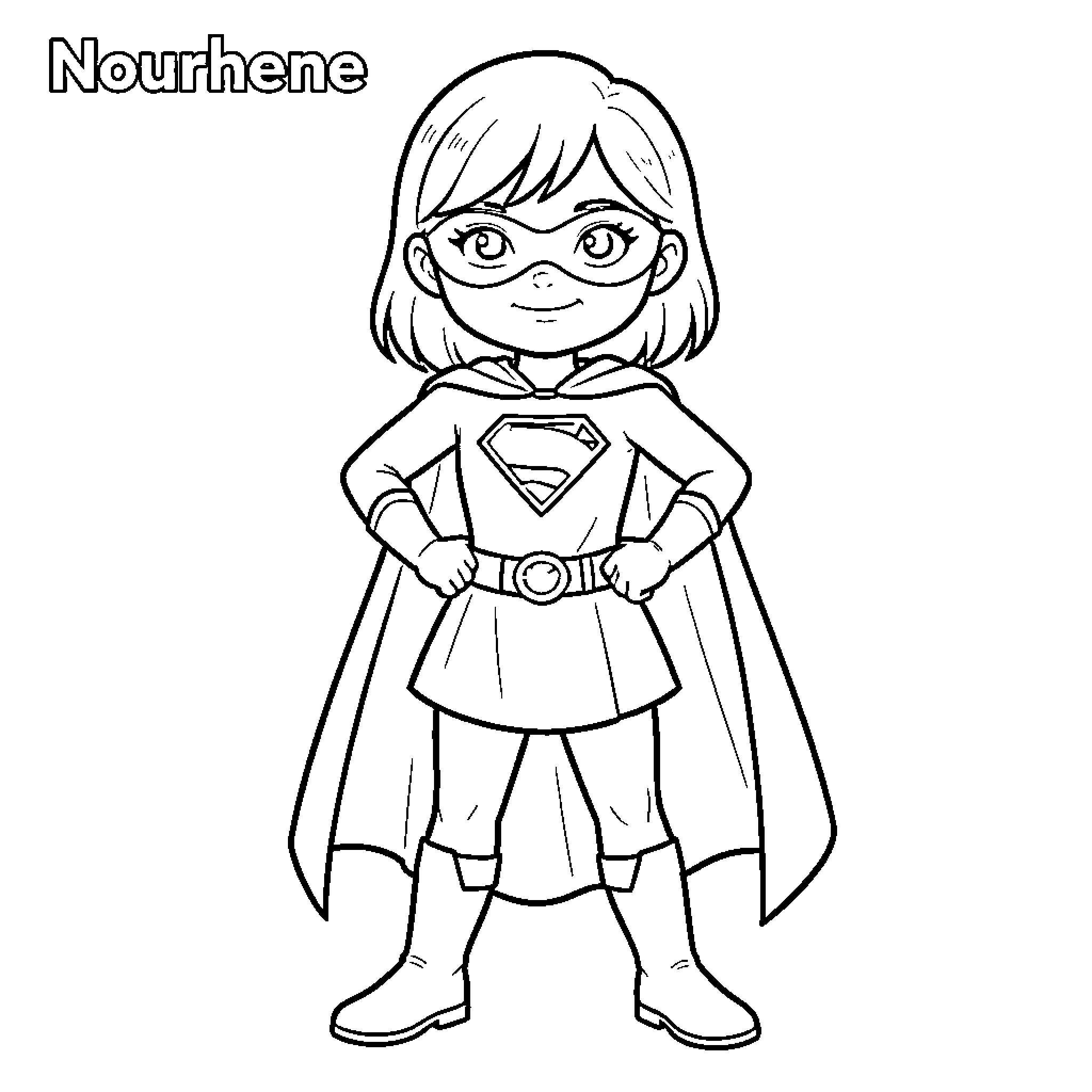 Nourhene posing confidently in a superhero costume Coloring Page (free black-and-white line drawing printable PDF for all, from beginners to advanced learners, including children, teens, adults, and seniors)