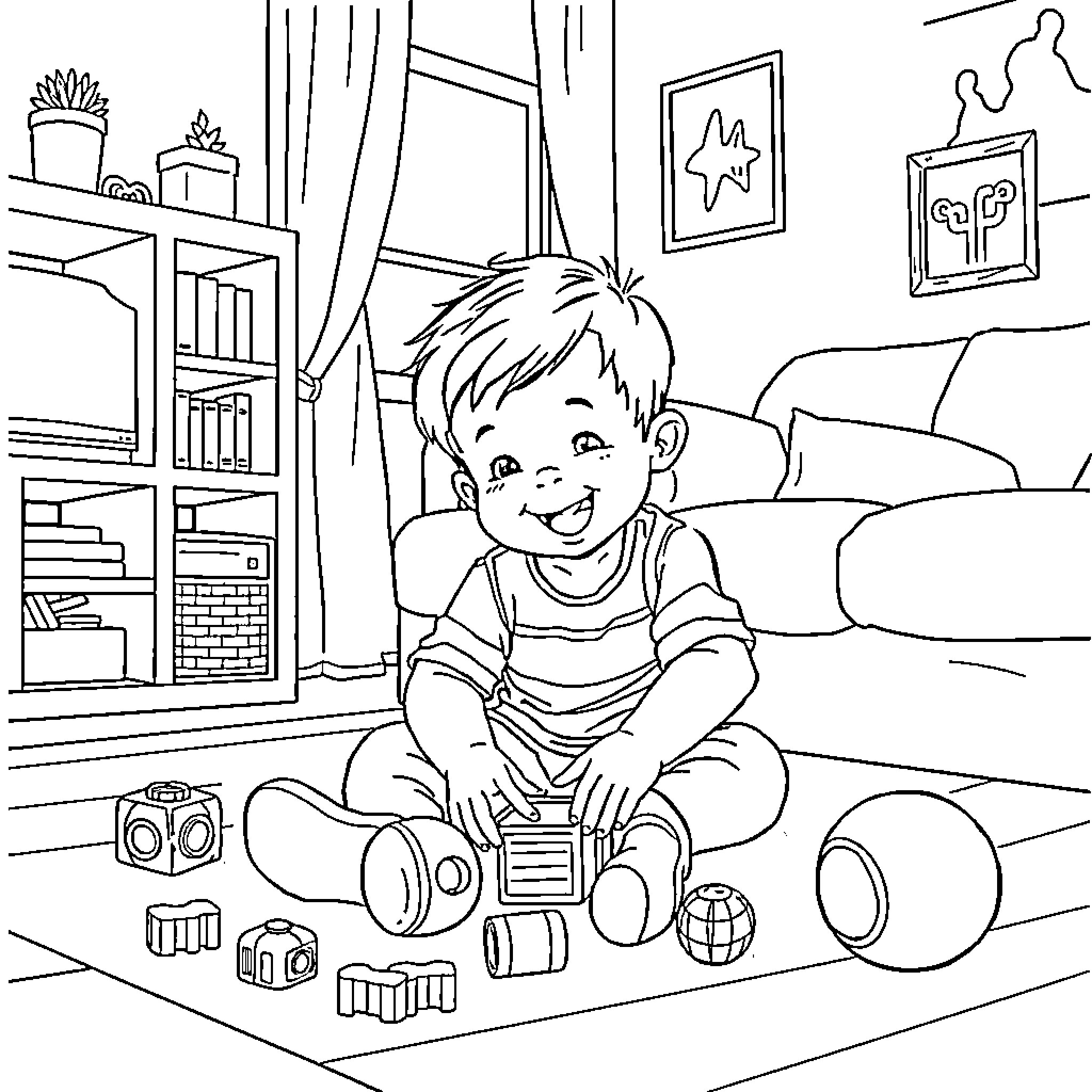 Boy playing happily with toys at home Coloring Page (free black-and-white line drawing printable PDF for all, from beginners to advanced learners, including children, teens, adults, and seniors)
