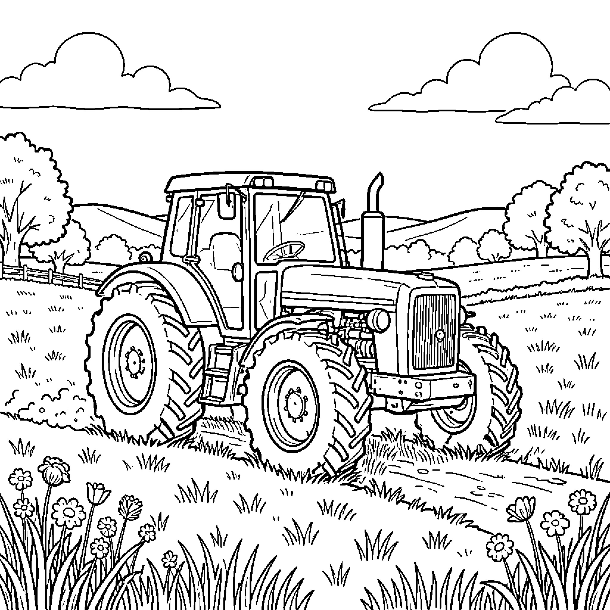 Tractor driving through a flowery meadow field Coloring Page (free black-and-white line drawing printable PDF for all, from beginners to advanced learners, including children, teens, adults, and seniors)