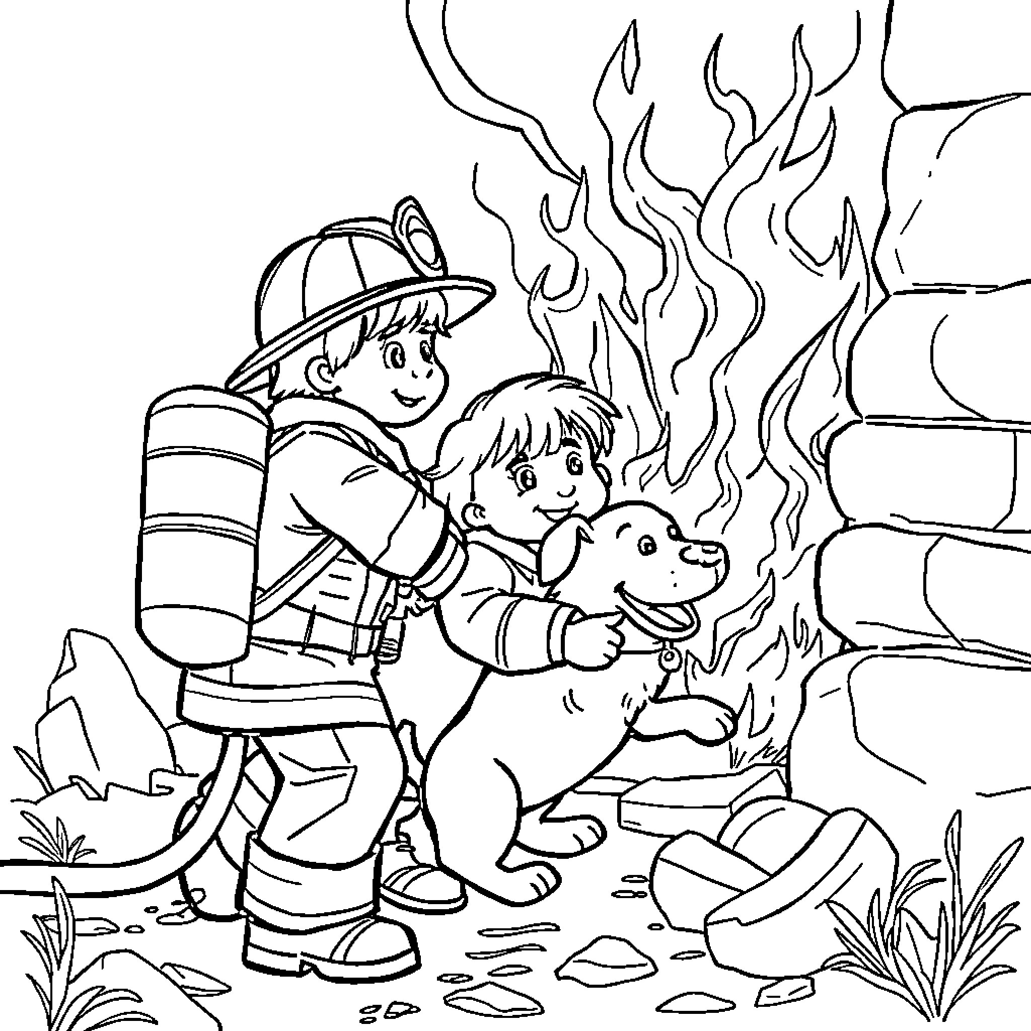 Firefighter rescuing people and a dog from a burning building Coloring Page (free black-and-white line drawing printable PDF for all, from beginners to advanced learners, including children, teens, adults, and seniors)