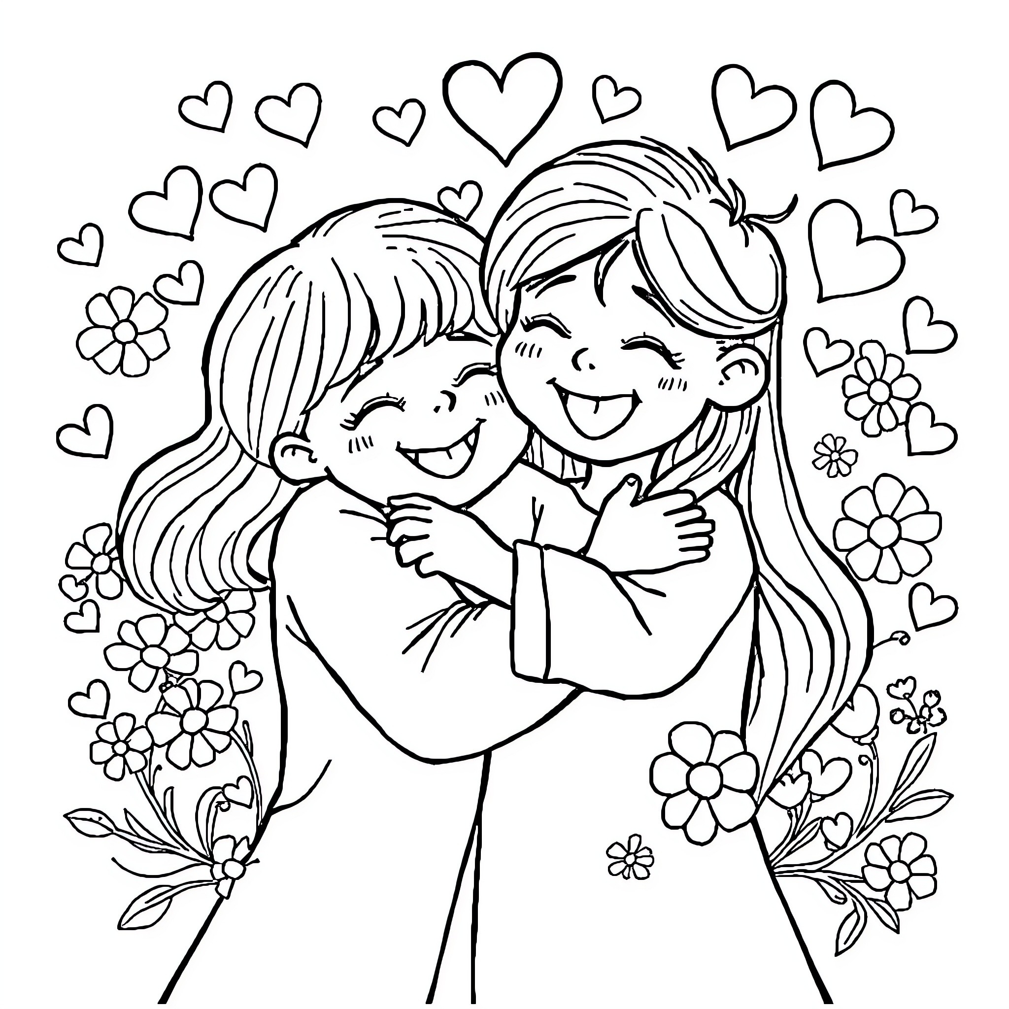 Love's Embrace: A Joyful Moment Coloring Page (free black-and-white line drawing printable PDF for all, from beginners to advanced learners, including children, teens, adults, and seniors)