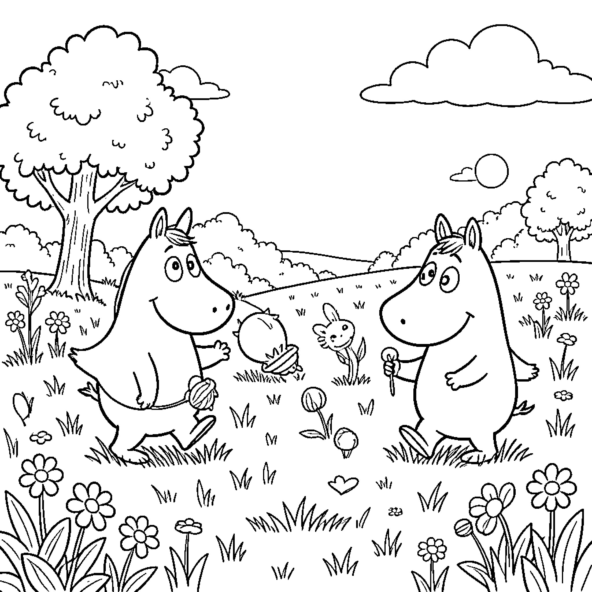 Moomin characters enjoying a peaceful day in nature Coloring Page (free black-and-white line drawing printable PDF for all, from beginners to advanced learners, including children, teens, adults, and seniors)