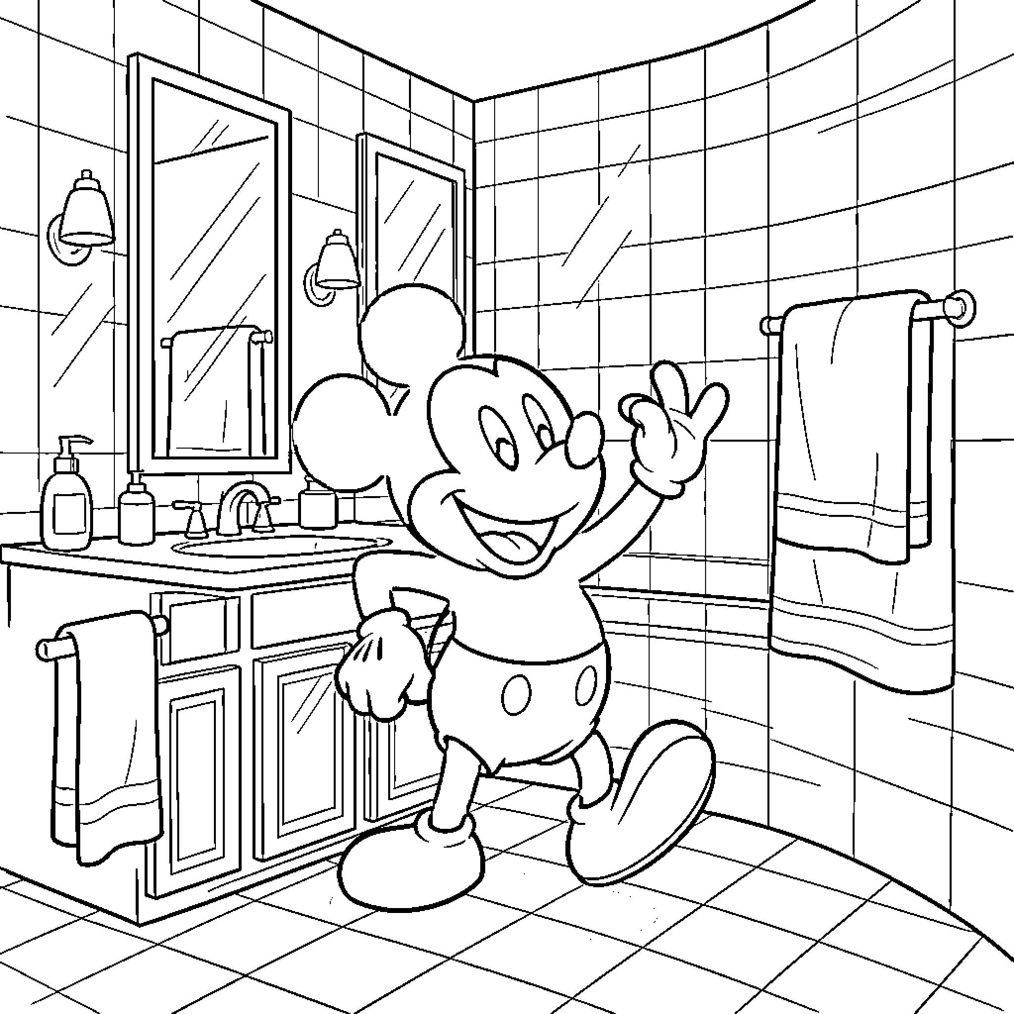 Mickey waving happily in a bathroom setting Coloring Page (free black-and-white line drawing printable PDF for all, from beginners to advanced learners, including children, teens, adults, and seniors)