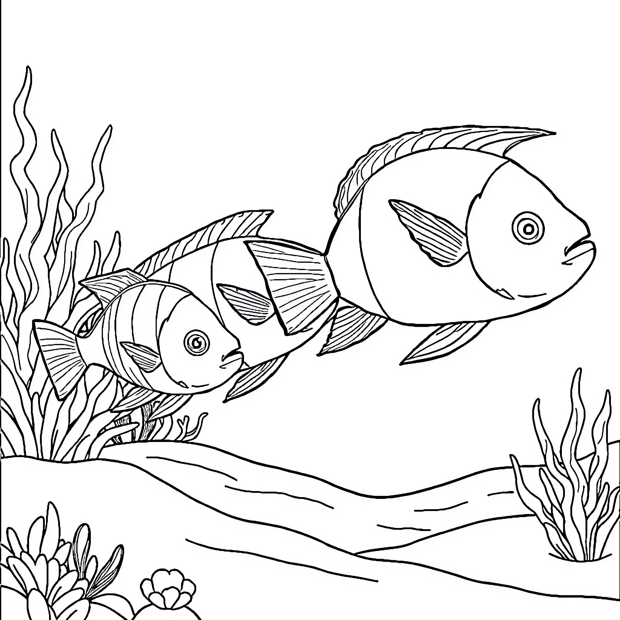 Fish swimming among seaweed and coral Coloring Page (free black-and-white line drawing printable PDF for all, from beginners to advanced learners, including children, teens, adults, and seniors)