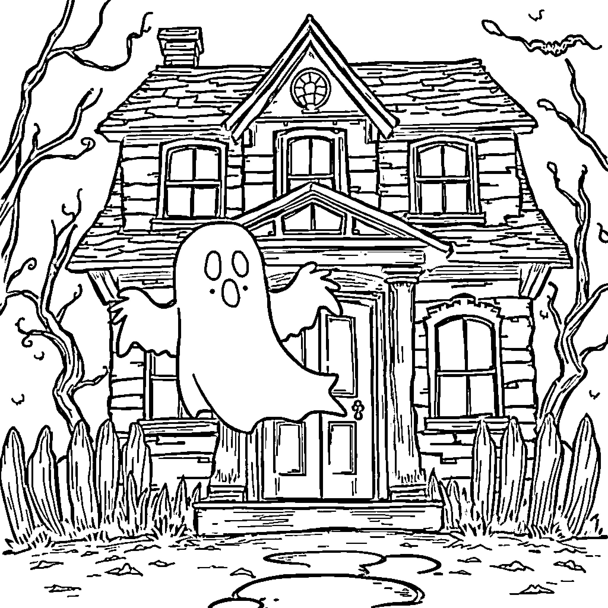 Ghost playing outside haunted house Coloring Page (free black-and-white line drawing printable PDF for all, from beginners to advanced learners, including children, teens, adults, and seniors)