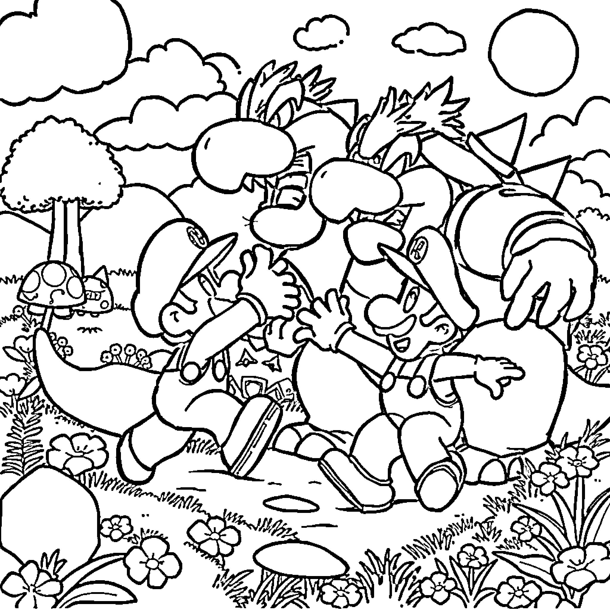 Mario's Adventurous Escapades in the Enchanting Outdoors Coloring Page (free black-and-white line drawing printable PDF for all, from beginners to advanced learners, including children, teens, adults, and seniors)