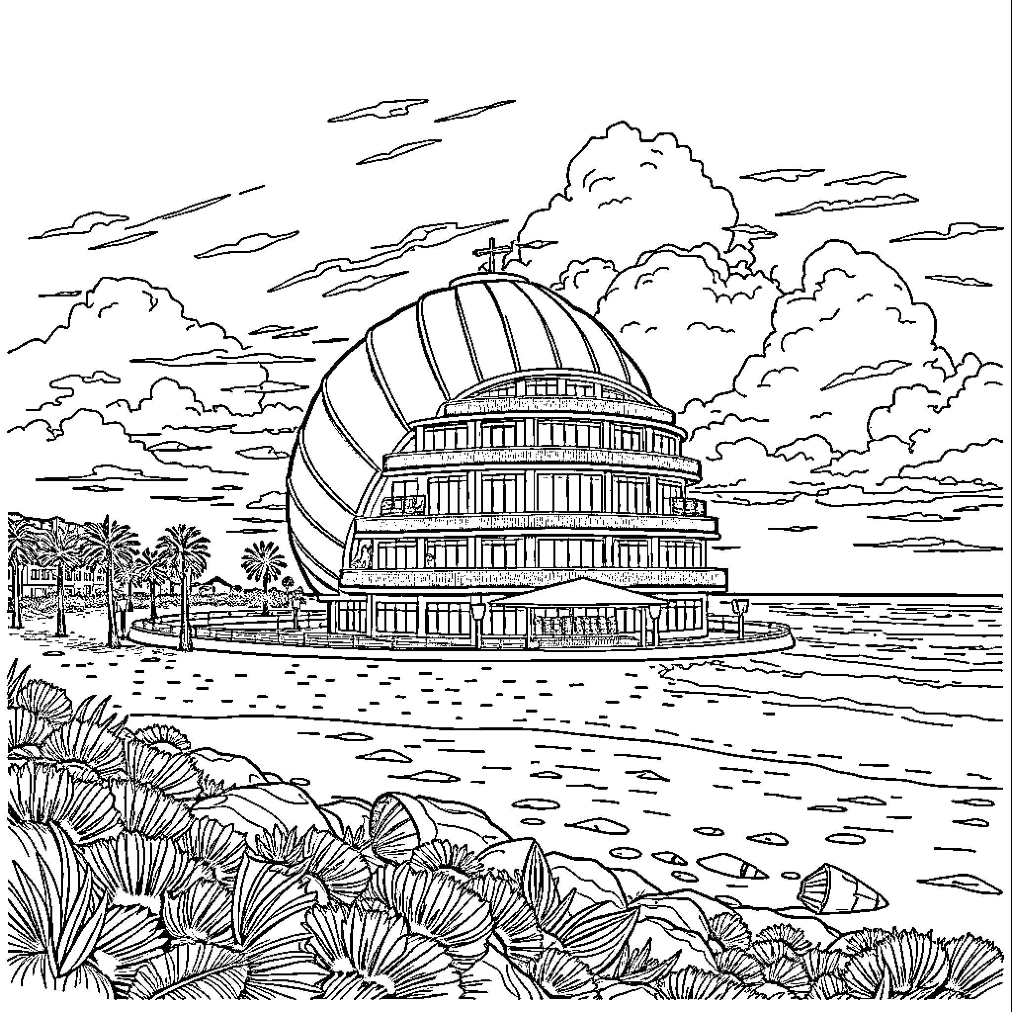 Shell-shaped building on the shoreline Coloring Page (free black-and-white line drawing printable PDF for all, from beginners to advanced learners, including children, teens, adults, and seniors)