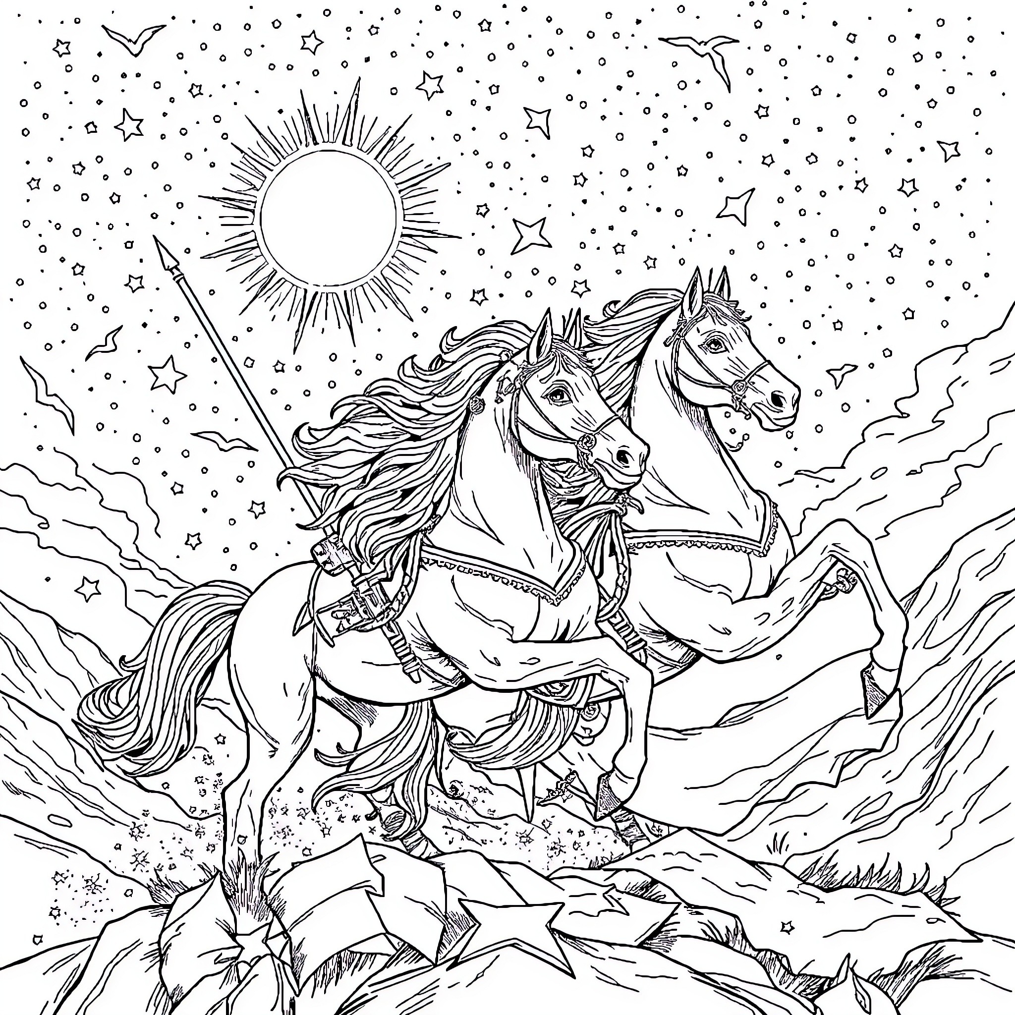 Zodiac Knights riding majestic horses under the starry sky Coloring Page (free black-and-white line drawing printable PDF for all, from beginners to advanced learners, including children, teens, adults, and seniors)