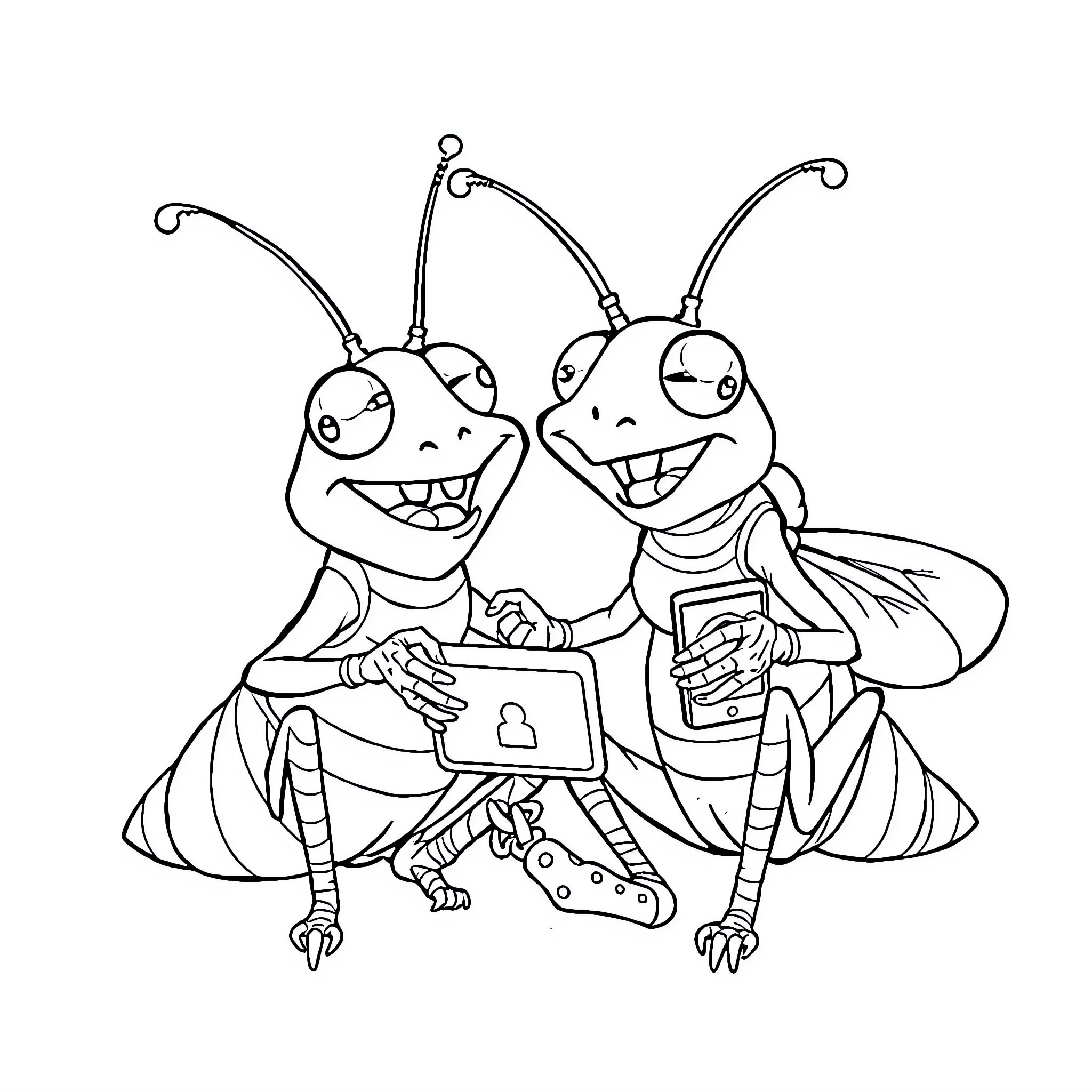 Oggy and friends enjoying digital technology Coloring Page (free black-and-white line drawing printable PDF for all, from beginners to advanced learners, including children, teens, adults, and seniors)