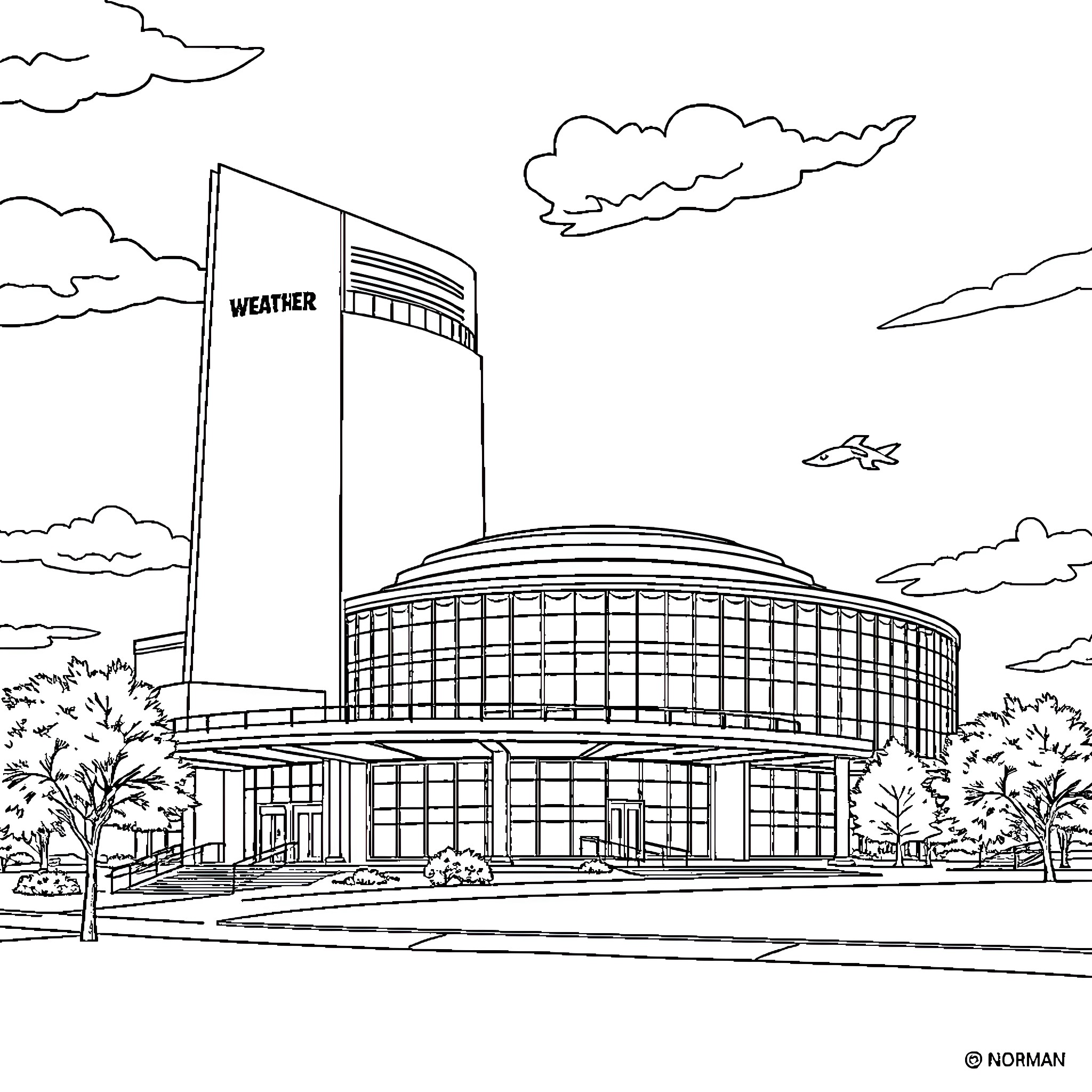 National Weather Center with Architectural Design Coloring Page (free black-and-white line drawing printable PDF for all, from beginners to advanced learners, including children, teens, adults, and seniors)