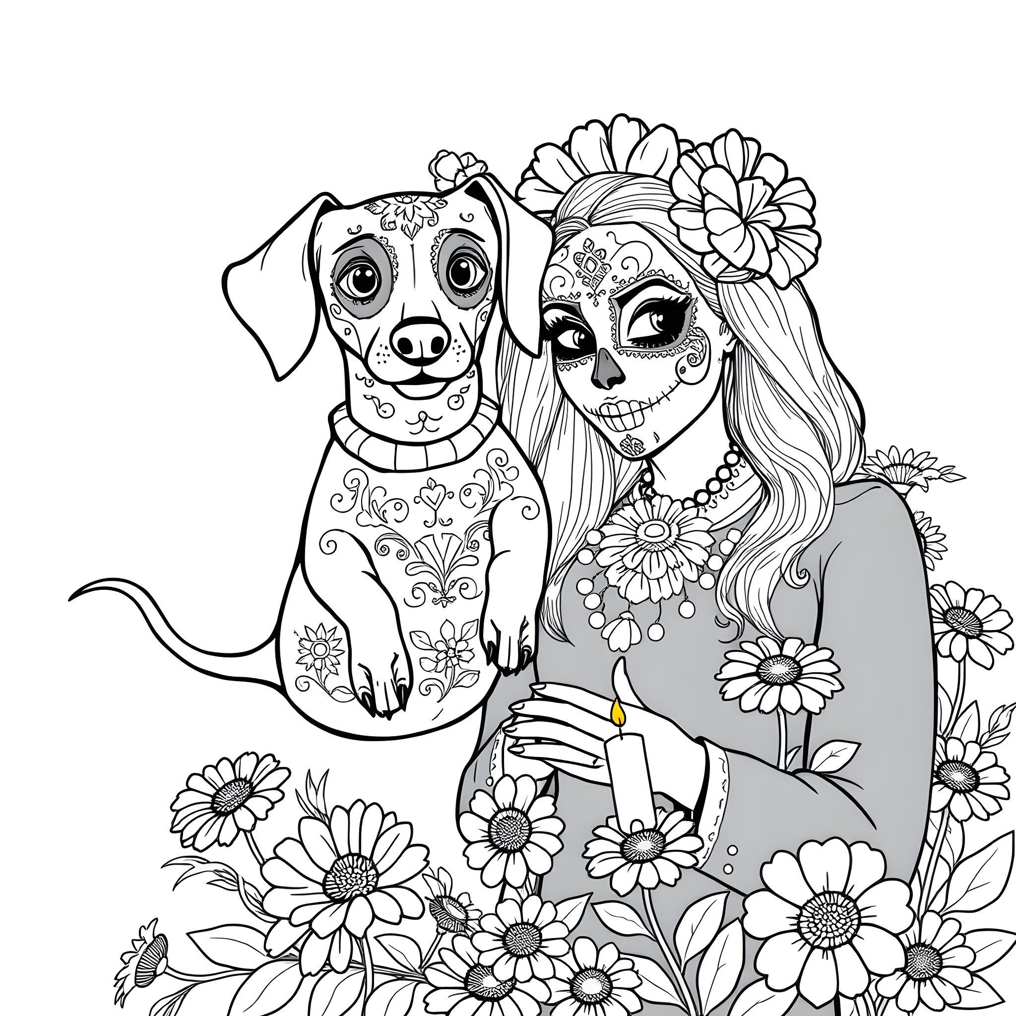 Dachshund posing with a cheerful young woman in a floral dress Coloring Page (free black-and-white line drawing printable PDF for all, from beginners to advanced learners, including children, teens, adults, and seniors)