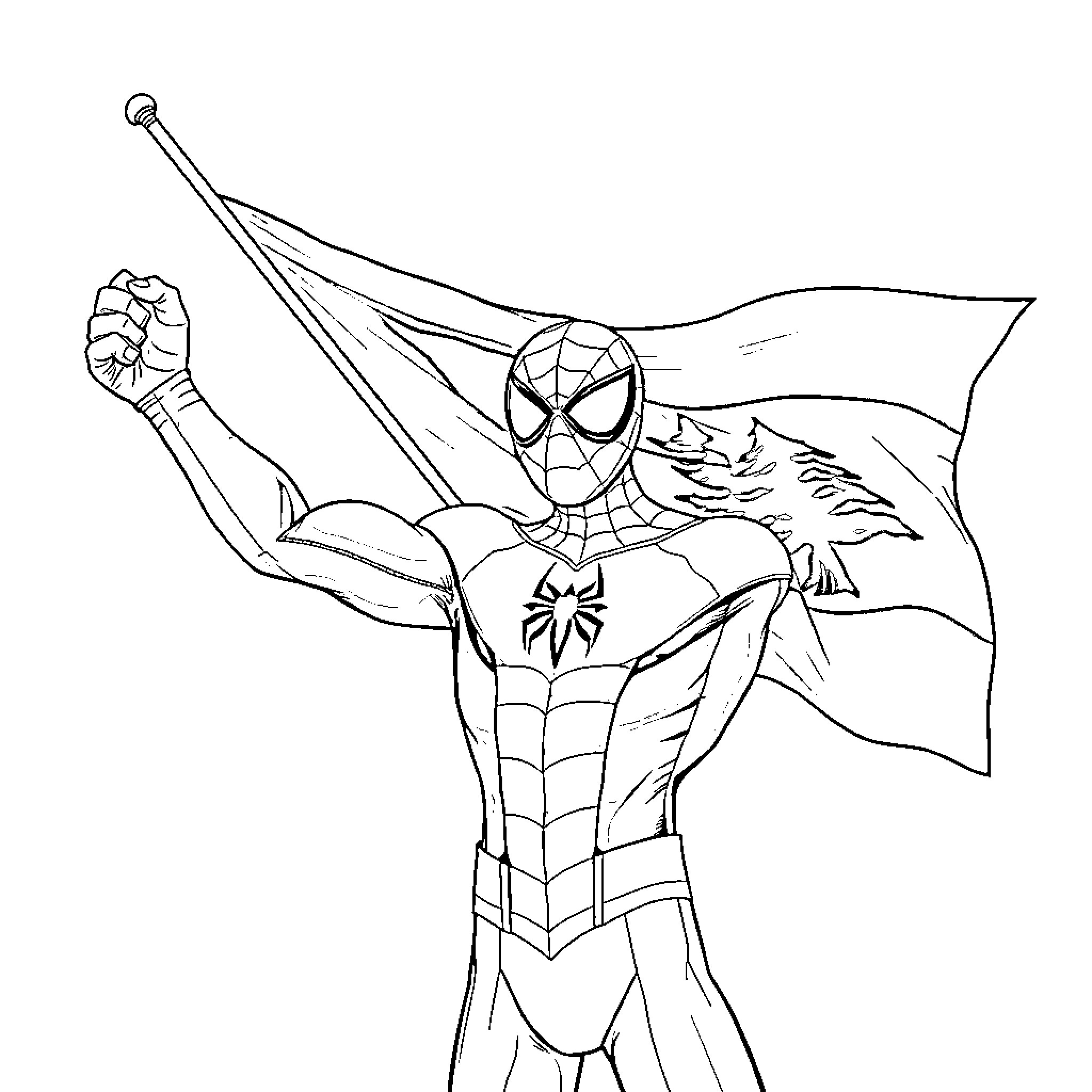Spiderman posing heroically with webbed flag Coloring Page (free black-and-white line drawing printable PDF for all, from beginners to advanced learners, including children, teens, adults, and seniors)