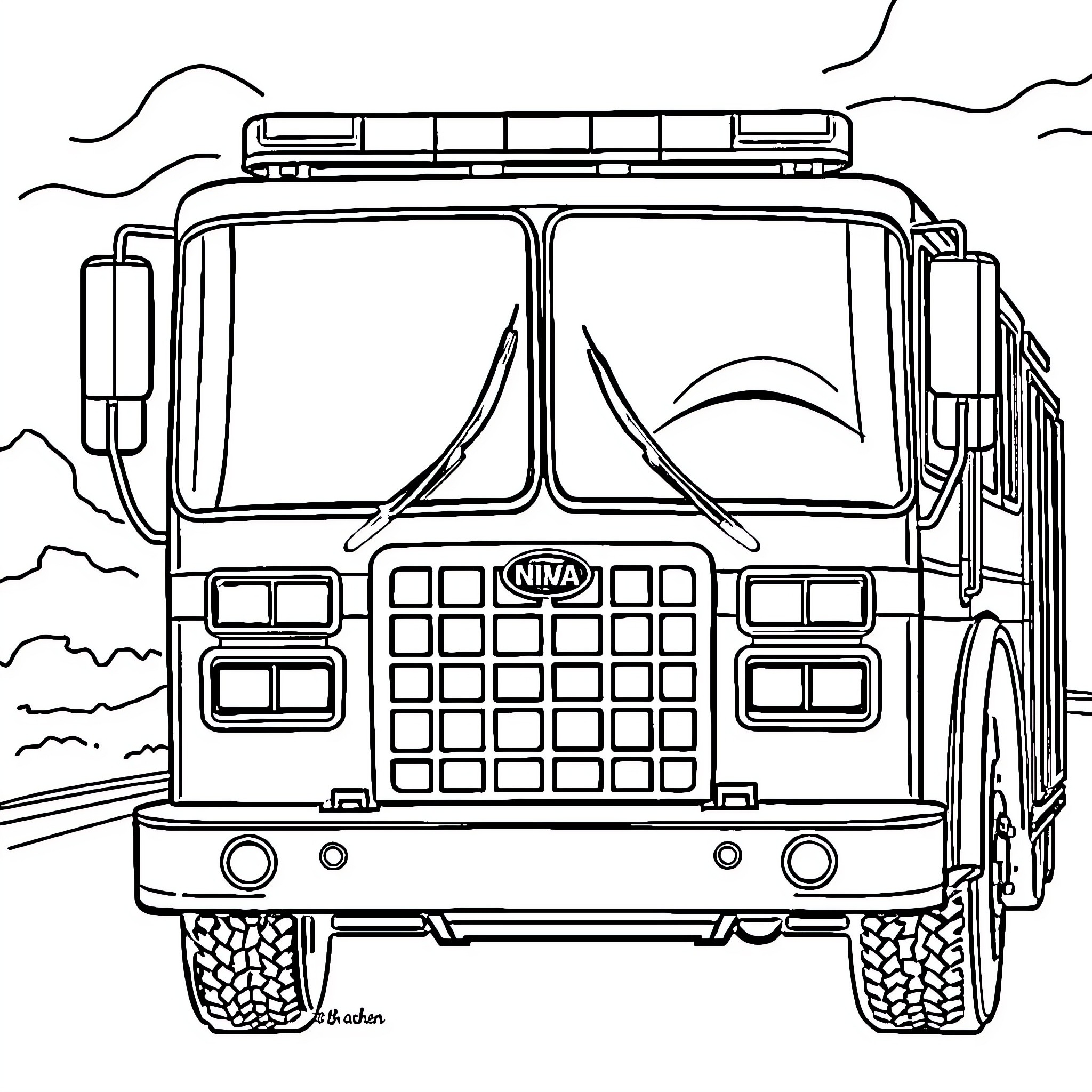 Firetruck rushing to the scene with urgency Coloring Page (free black-and-white line drawing printable PDF for all, from beginners to advanced learners, including children, teens, adults, and seniors)