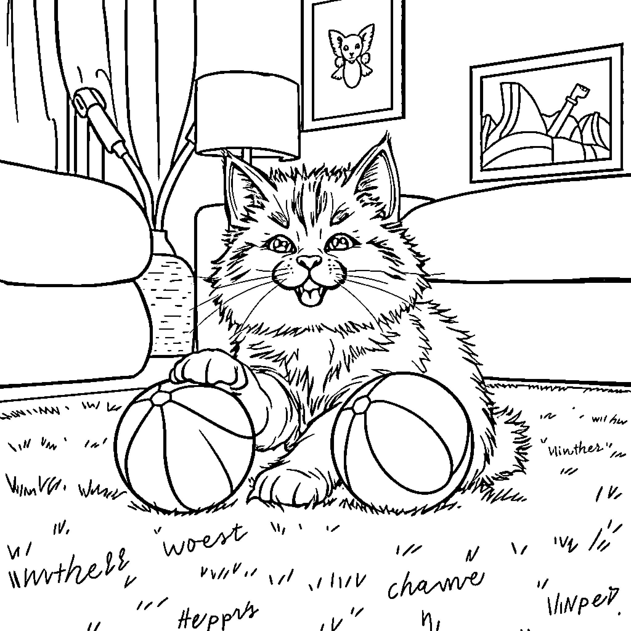 Cat relaxing in cozy indoor setting Coloring Page (free black-and-white line drawing printable PDF for all, from beginners to advanced learners, including children, teens, adults, and seniors)