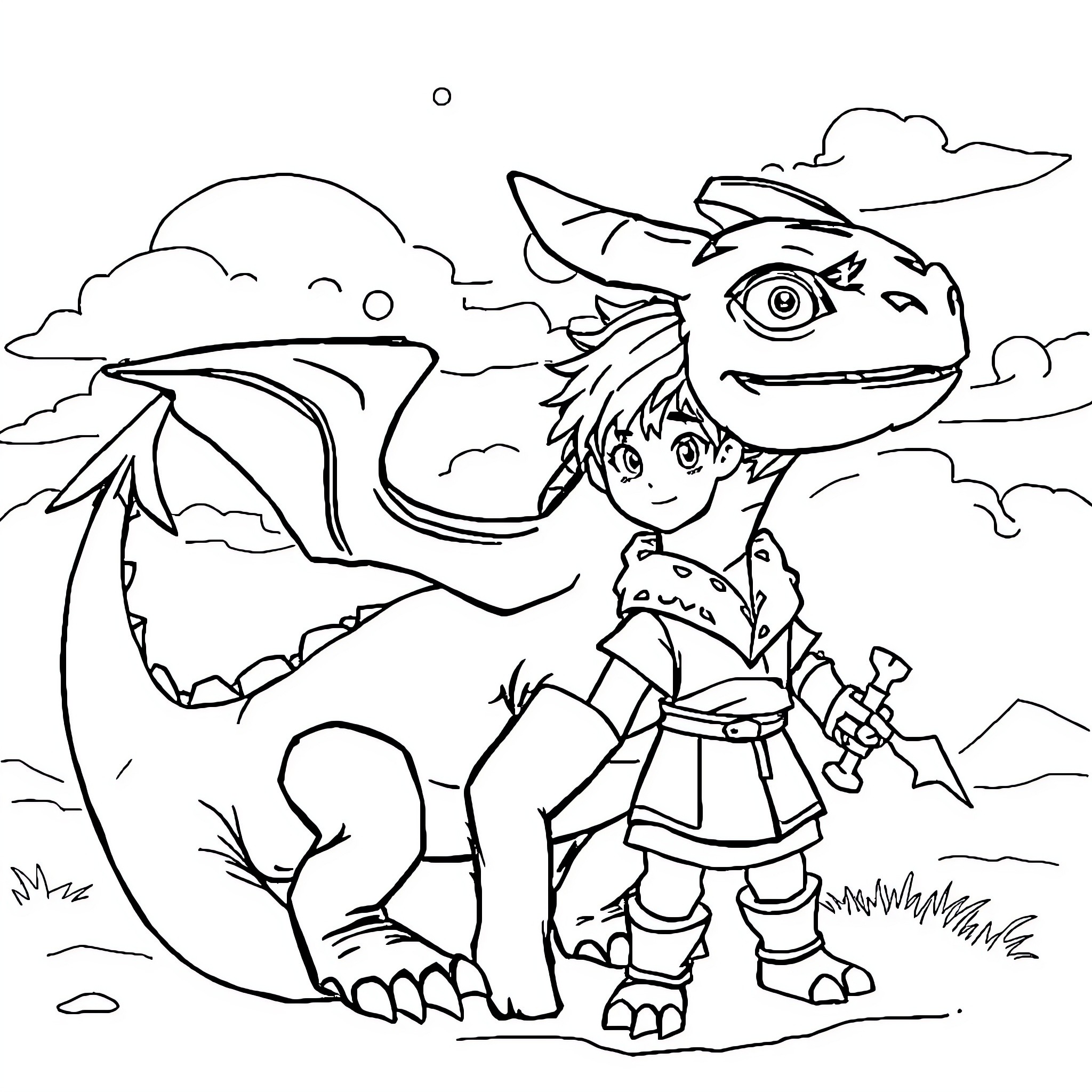 Dragon boy and his dragon companion Coloring Page (free black-and-white line drawing printable PDF for all, from beginners to advanced learners, including children, teens, adults, and seniors)