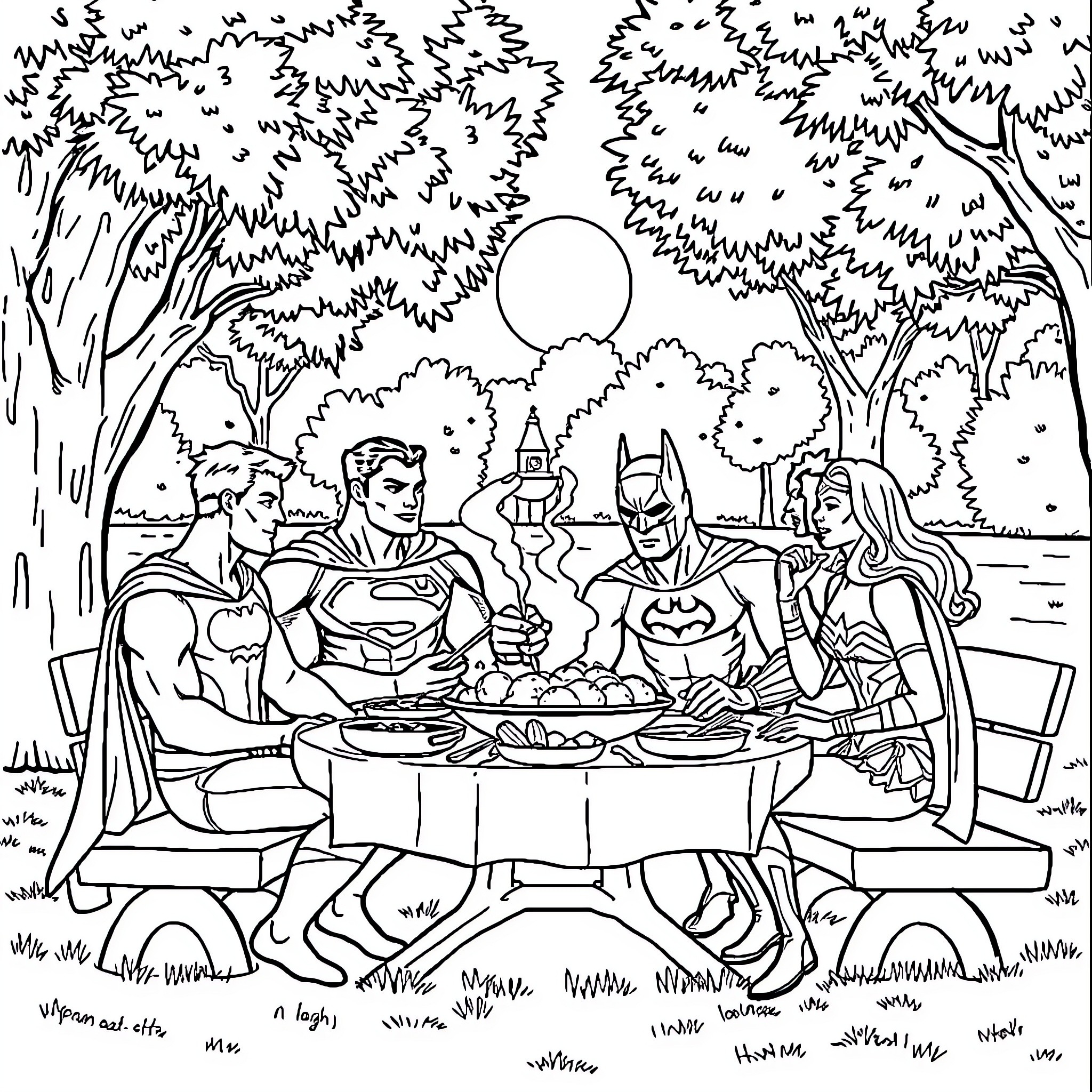 Justice League Sharing a Meal in Nature Coloring Page (free black-and-white line drawing printable PDF for all, from beginners to advanced learners, including children, teens, adults, and seniors)