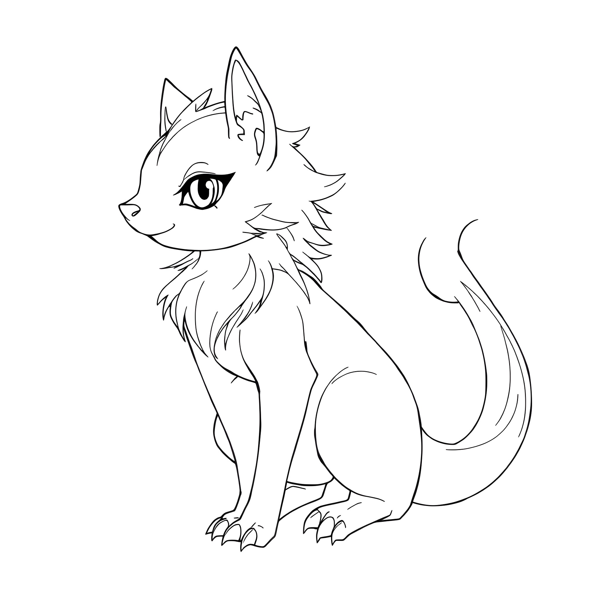 Anime Animal Feline with Distinctive Eyes Coloring Page (free black-and-white line drawing printable PDF for all, from beginners to advanced learners, including children, teens, adults, and seniors)