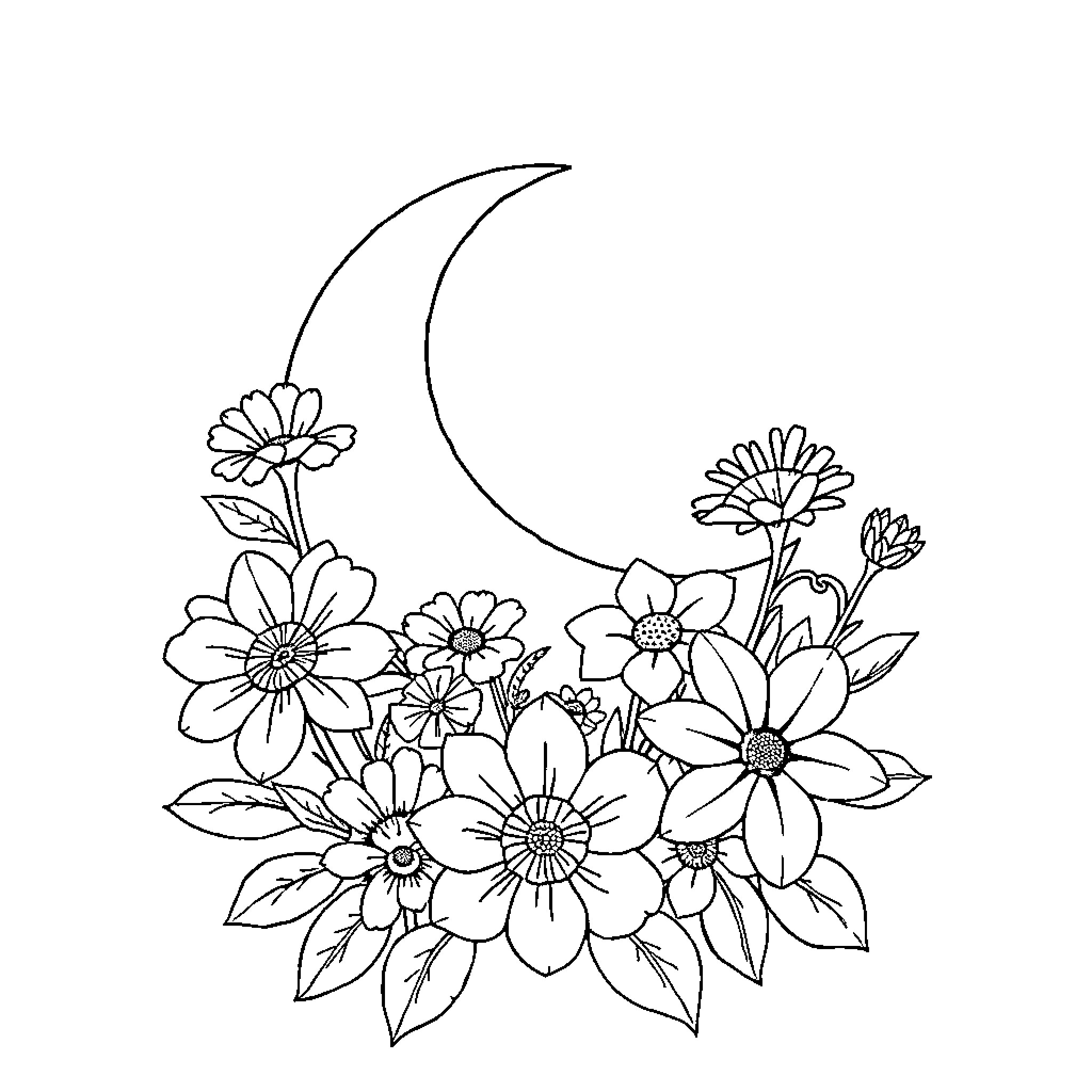 Crescent Moon Adorned with Floral Bouquet Coloring Page (free black-and-white line drawing printable PDF for all, from beginners to advanced learners, including children, teens, adults, and seniors)