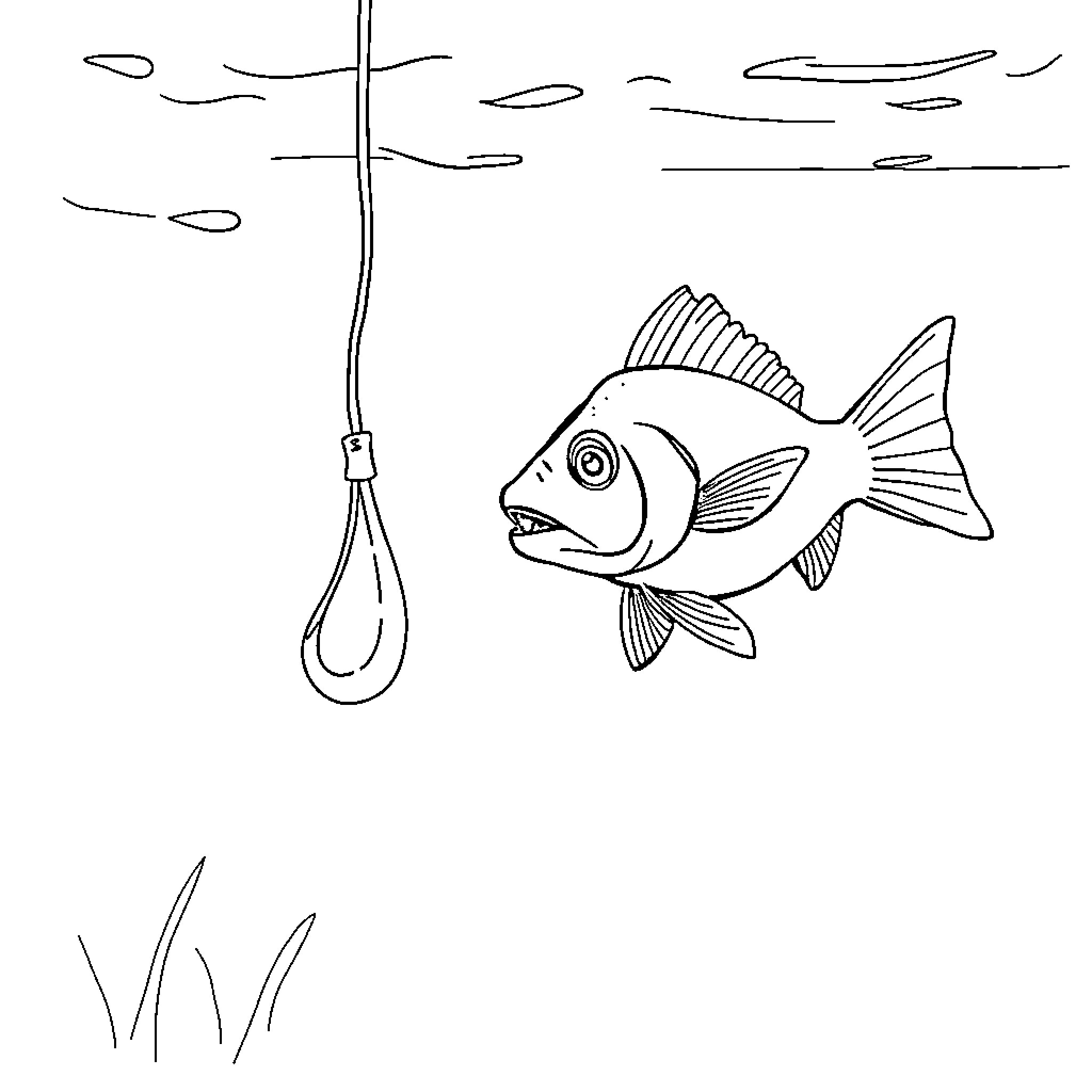 Fish caught on fishing hook in water Coloring Page (free black-and-white line drawing printable PDF for all, from beginners to advanced learners, including children, teens, adults, and seniors)