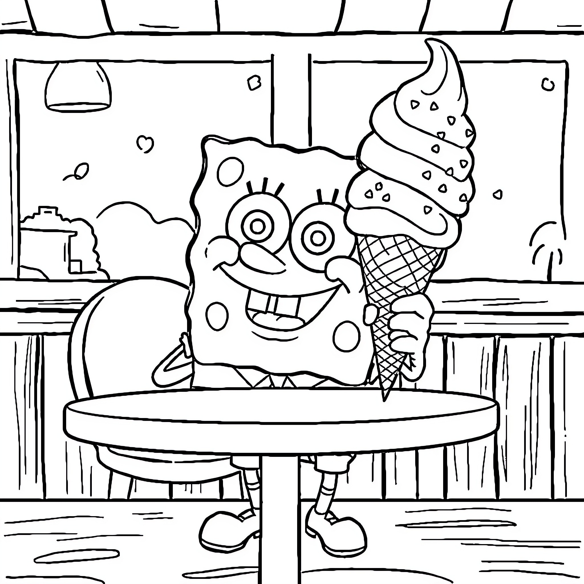 Spongebob enjoys a whimsical ice cream treat Coloring Page (free black-and-white line drawing printable PDF for all, from beginners to advanced learners, including children, teens, adults, and seniors)