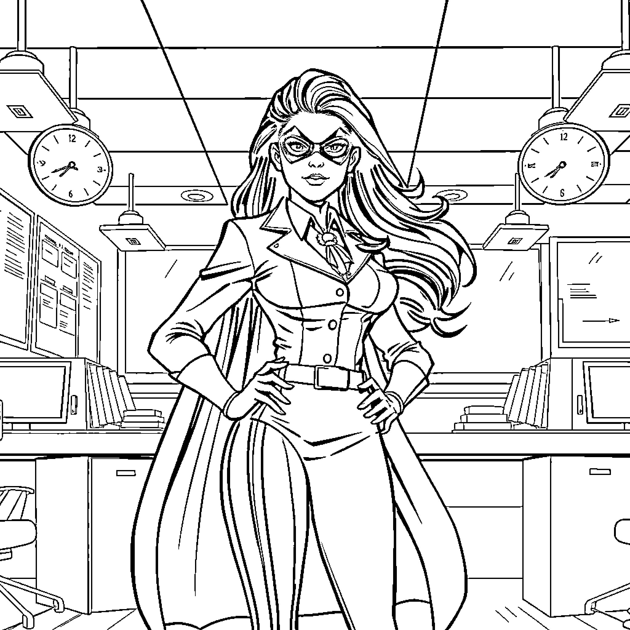 Female Superhero in a Heroic Pose Coloring Page (free black-and-white line drawing printable PDF for all, from beginners to advanced learners, including children, teens, adults, and seniors)