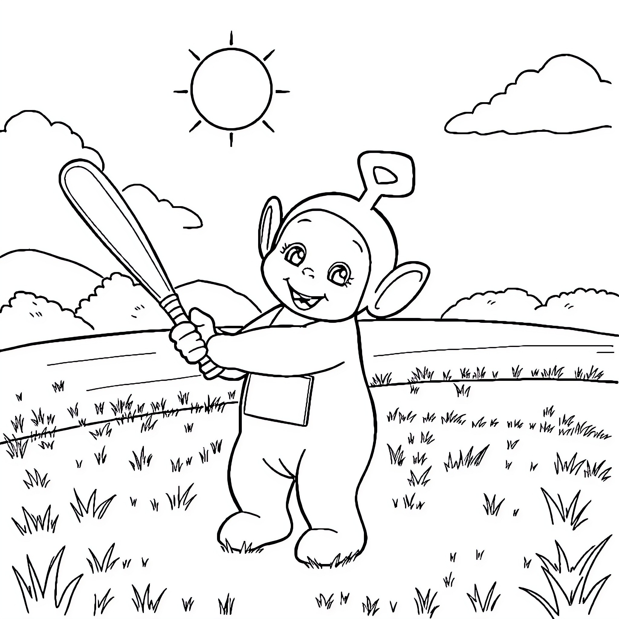 Lala Playing Baseball in the Meadow Coloring Page (free black-and-white line drawing printable PDF for all, from beginners to advanced learners, including children, teens, adults, and seniors)