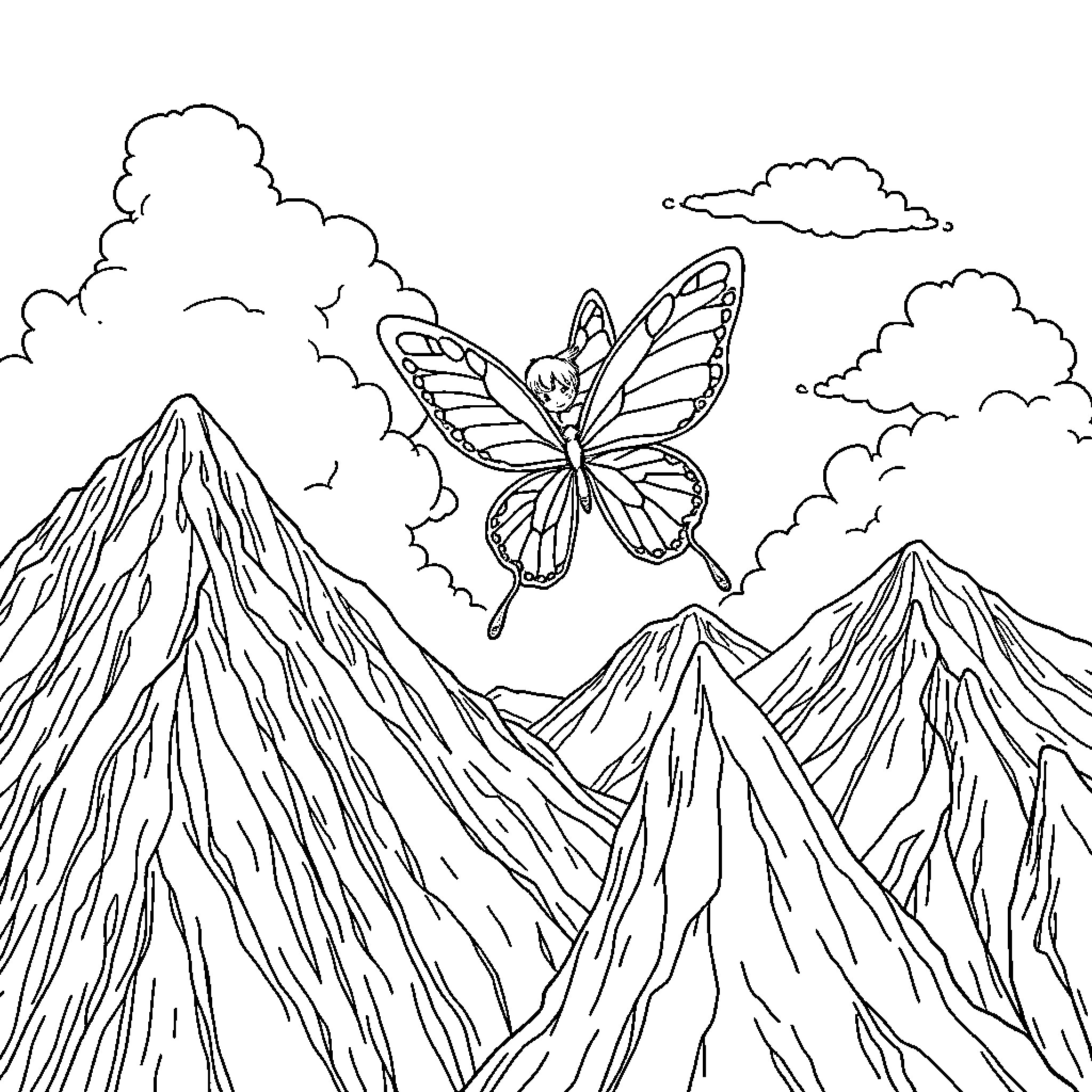 Fairy soaring over majestic mountain peaks Coloring Page (free black-and-white line drawing printable PDF for all, from beginners to advanced learners, including children, teens, adults, and seniors)