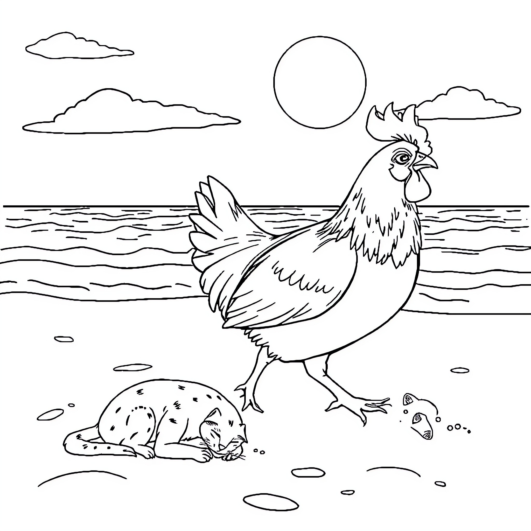 Pollo roaming by the seaside Coloring Page (free black-and-white line drawing printable PDF for all, from beginners to advanced learners, including children, teens, adults, and seniors)