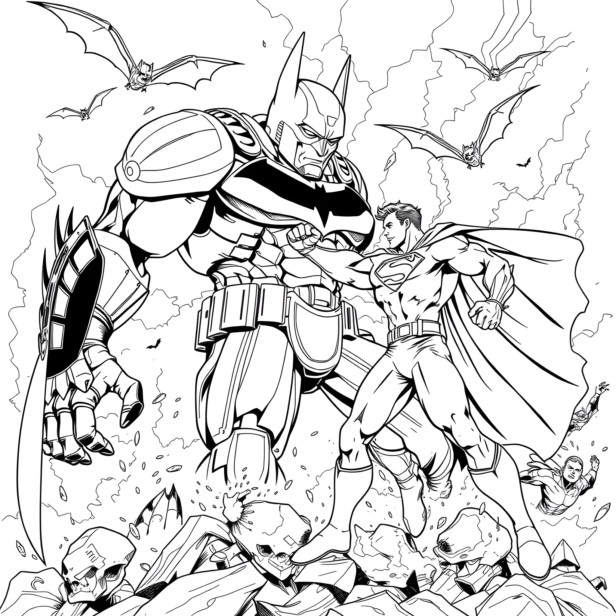 Superman and Batman facing superhero challenges together Coloring Page (free black-and-white line drawing printable PDF for all, from beginners to advanced learners, including children, teens, adults, and seniors)