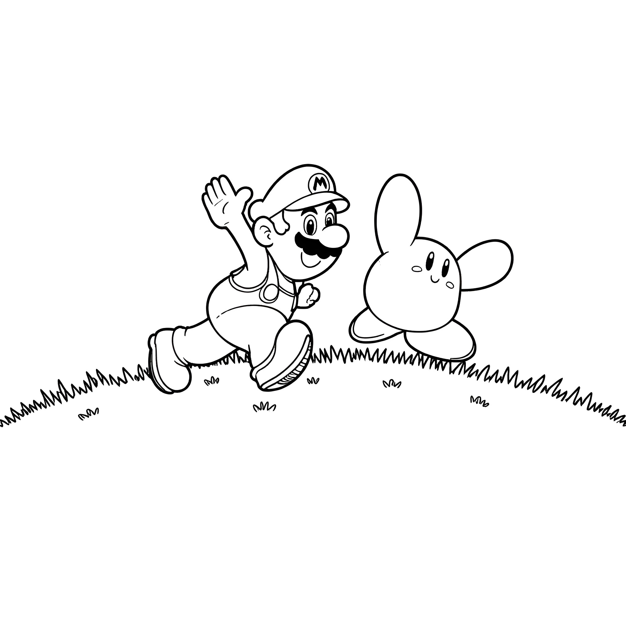 Mario chasing a bunny in the grass Coloring Page (free black-and-white line drawing printable PDF for all, from beginners to advanced learners, including children, teens, adults, and seniors)
