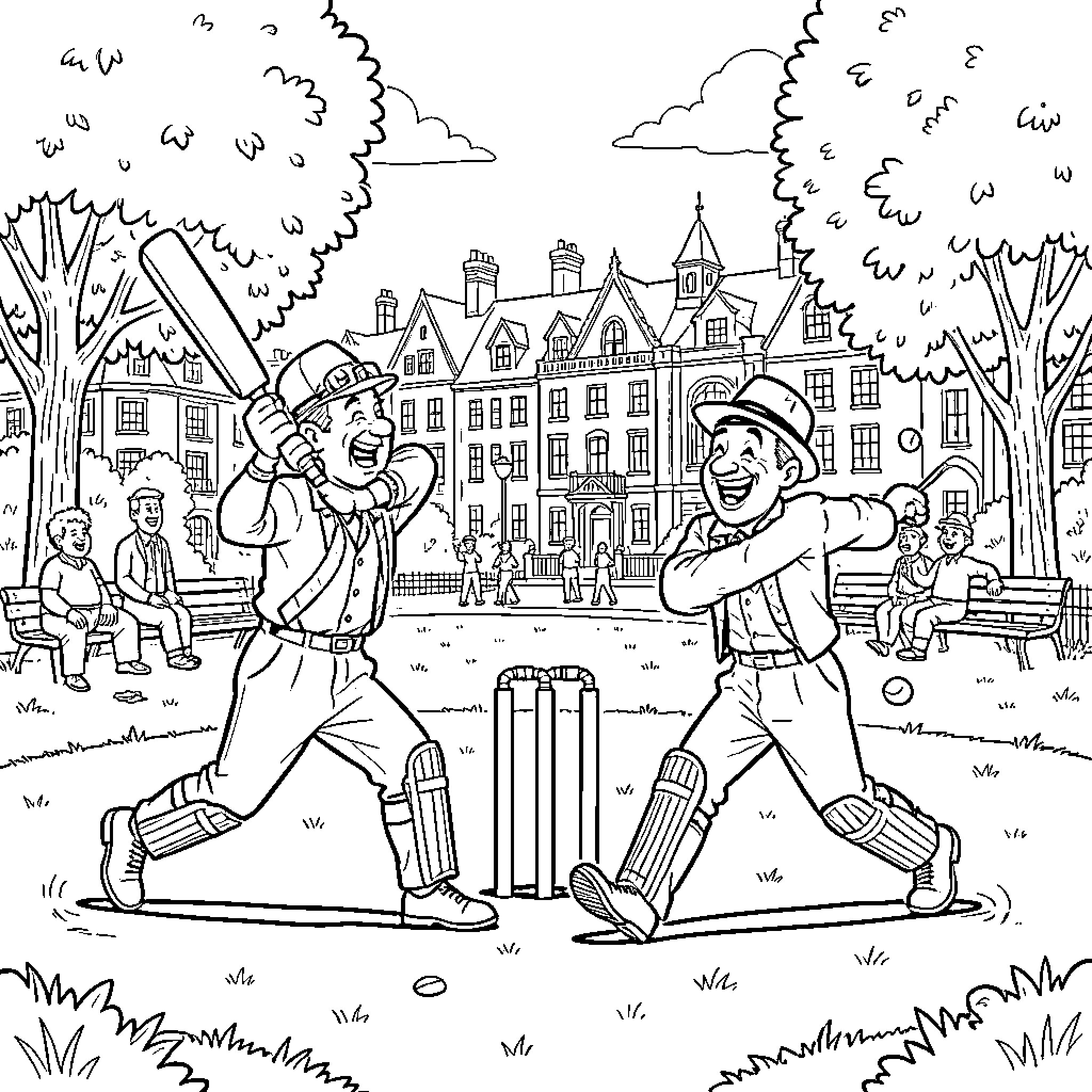 Laurel and Hardy playing a game of cricket Coloring Page (free black-and-white line drawing printable PDF for all, from beginners to advanced learners, including children, teens, adults, and seniors)