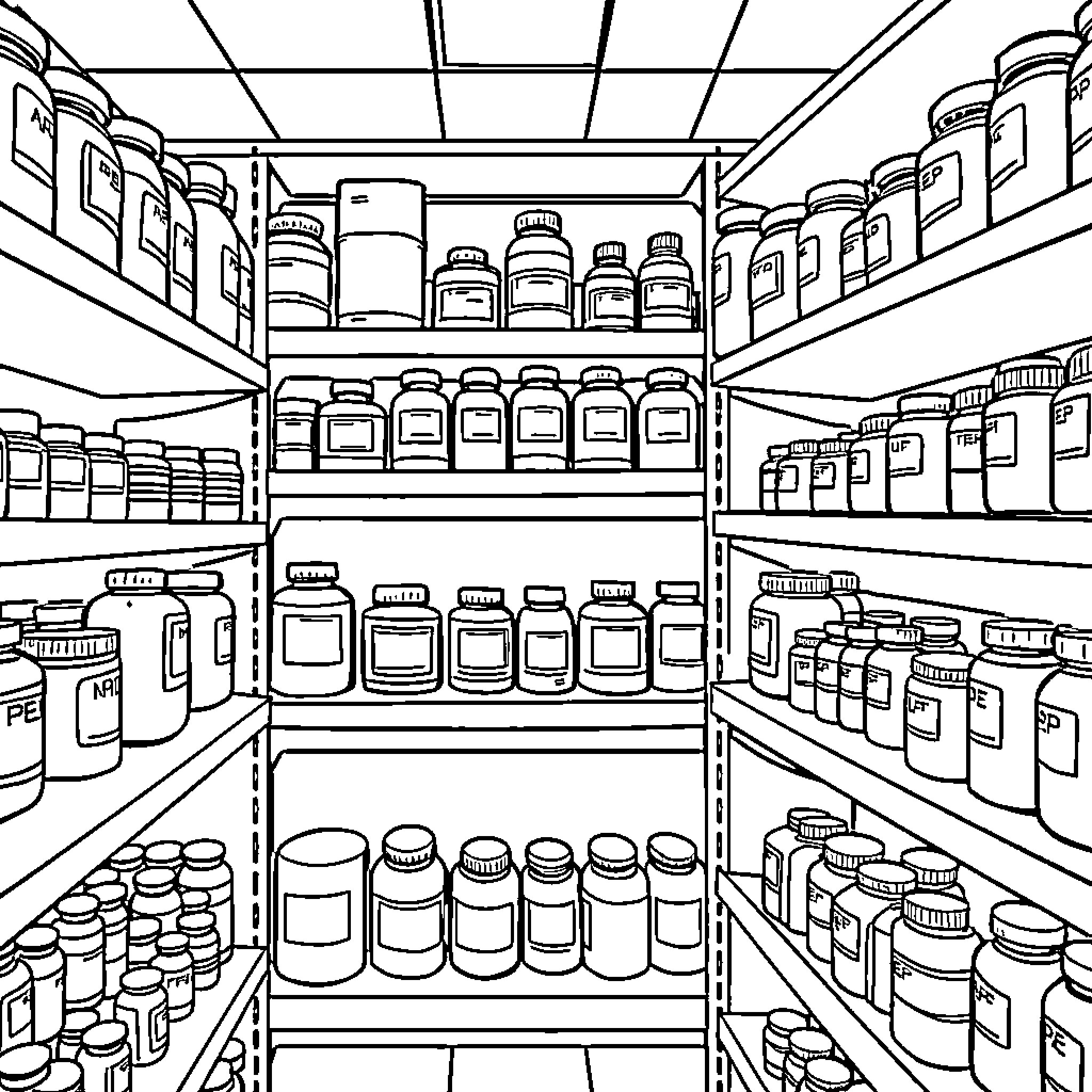 Medication Shelves in Medical Supply Storage Coloring Page (free black-and-white line drawing printable PDF for all, from beginners to advanced learners, including children, teens, adults, and seniors)