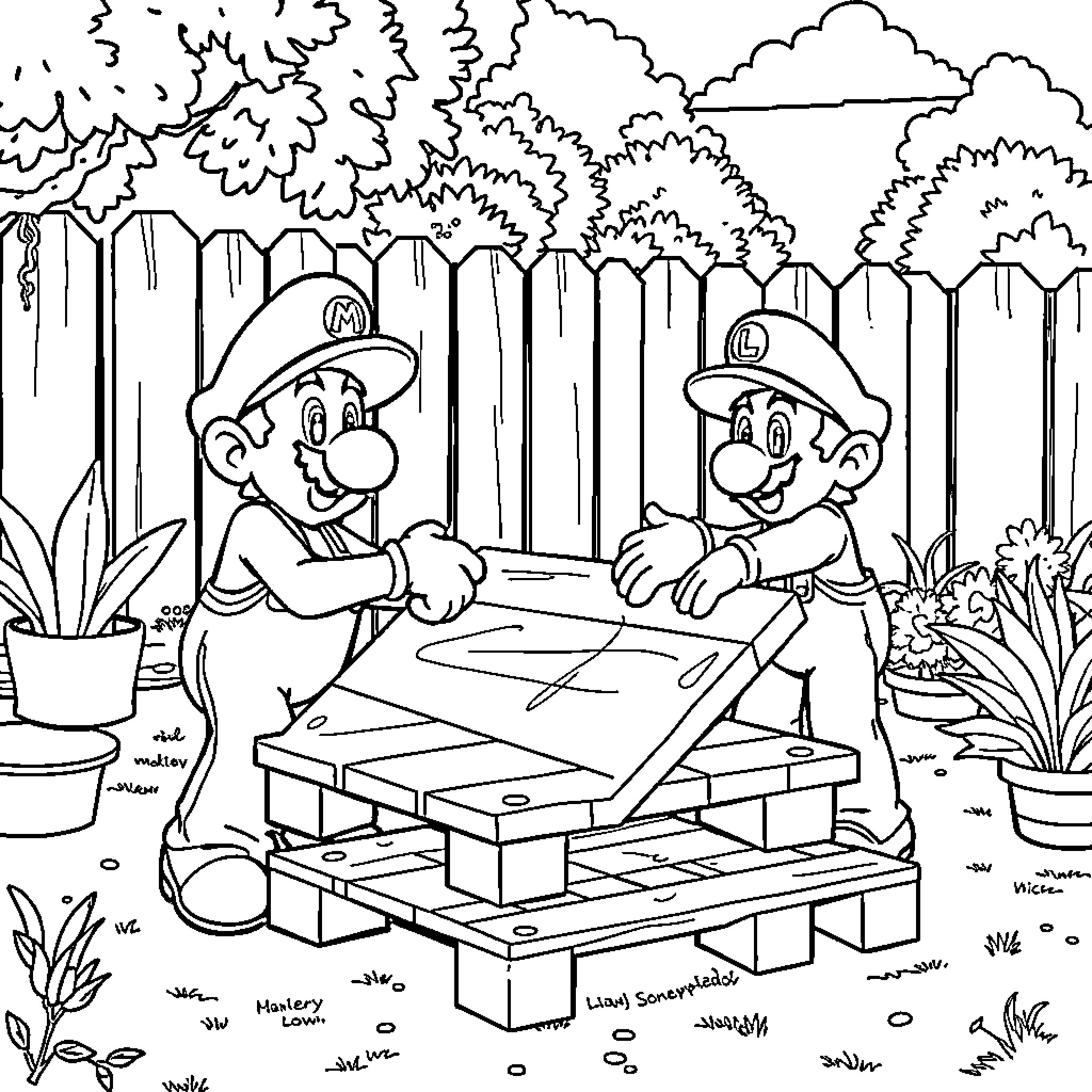 Mario Brothers Building Together in the Garden Coloring Page (free black-and-white line drawing printable PDF for all, from beginners to advanced learners, including children, teens, adults, and seniors)