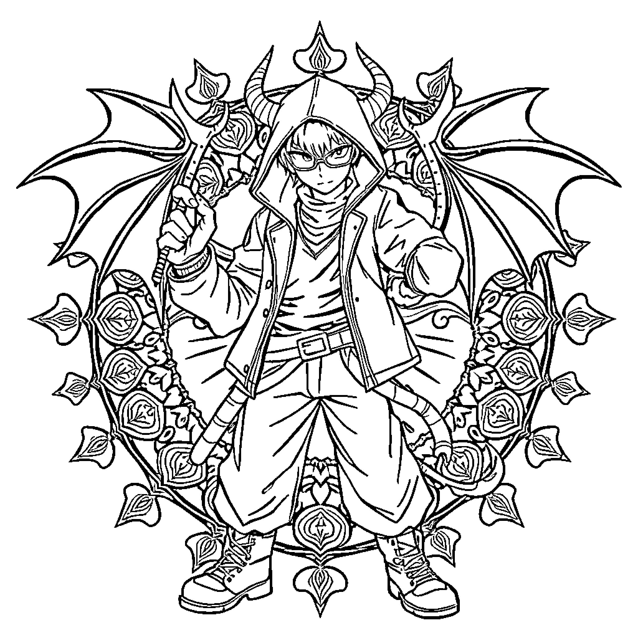 Mandala of a Mysterious Winged Warrior Coloring Page (free black-and-white line drawing printable PDF for all, from beginners to advanced learners, including children, teens, adults, and seniors)